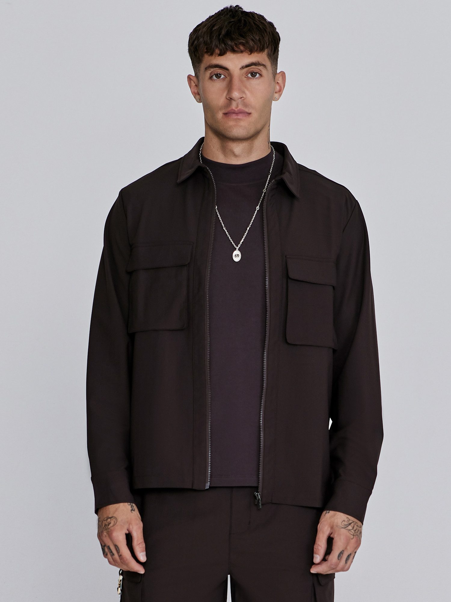 Siksilk Hemdjacke SikSilk Herren Braunes Full Zip Overshirt
