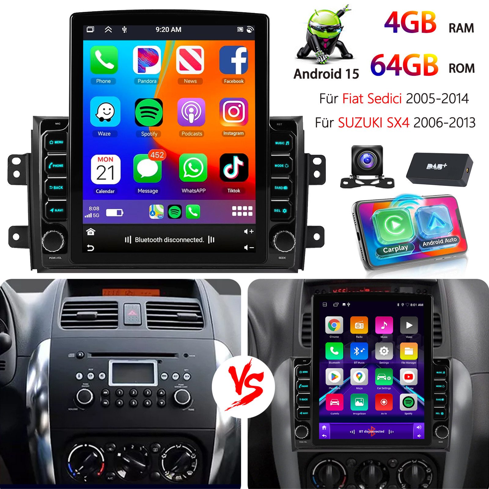 ESSGOO 9.7" CarPlay Android15 Für SUZUKI SX4 Fiat Sedici 06-13 Autoradio WIFI Autoradio (RDS, 4+64GB(optional), Digitalradio (DAB), FM, USB- und Type-C, Apple Carplay Android Auto GPS Navi WIFI BT EQ mit USB- und Type-C)