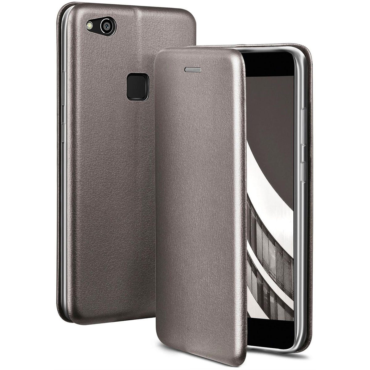 ONEFLOW Handyhülle für Huawei P10 Lite Premium Hülle Business Cover Grau 5,2 Zoll, 360 Grad Schutzhülle Flip Case Etui Klapphülle Dünn Leder Handy Tasche