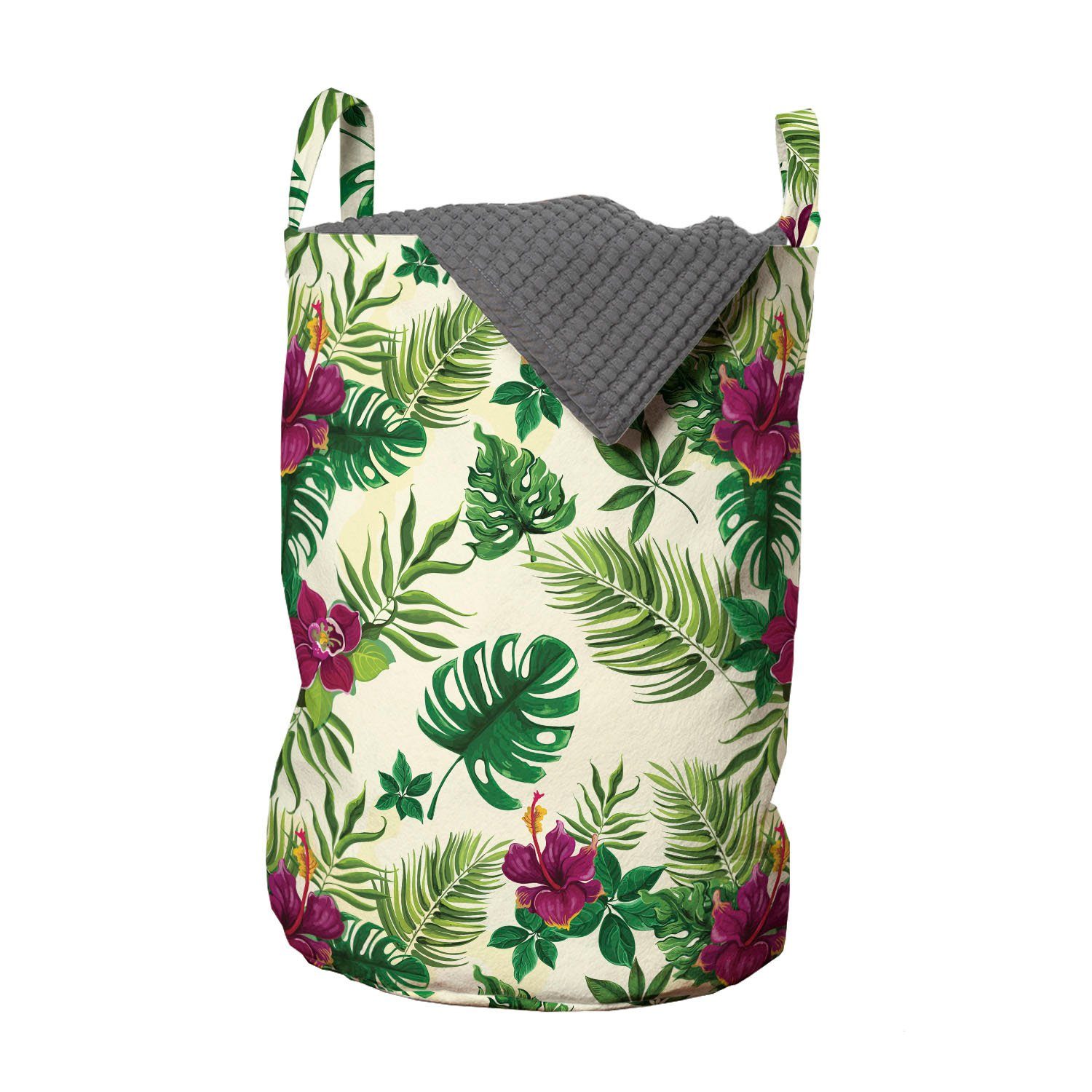 Abakuhaus Wäschesäckchen Wäschekorb mit Griffen Kordelzugverschluss für Waschsalons, Palme Exotische Blätter und Hibiscus