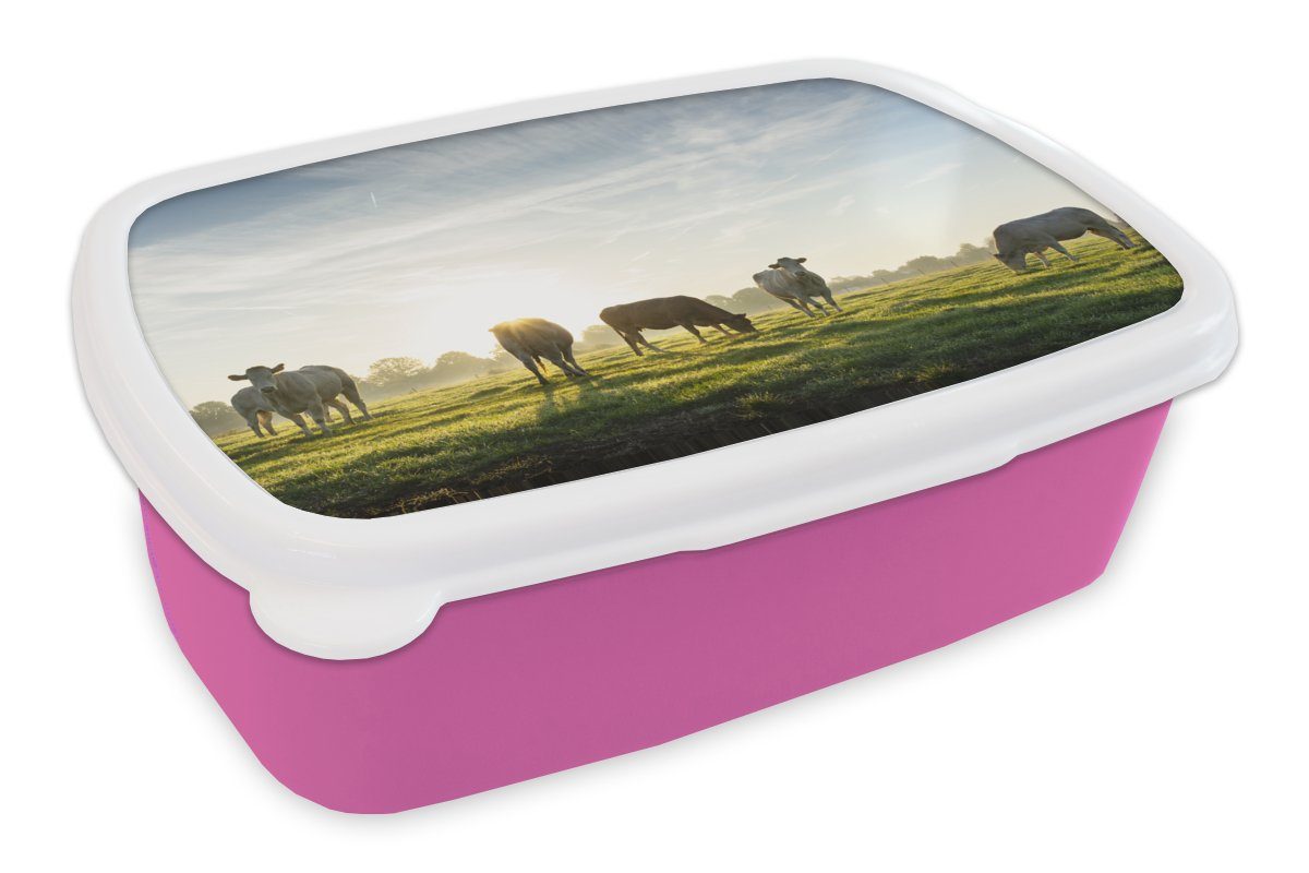 MuchoWow Lunchbox Kühe - Sonne - Gras, Kunststoff, (2-tlg), Brotbox für Erwachsene, Brotdose Kinder, Snackbox, Mädchen, Kunststoff rosa