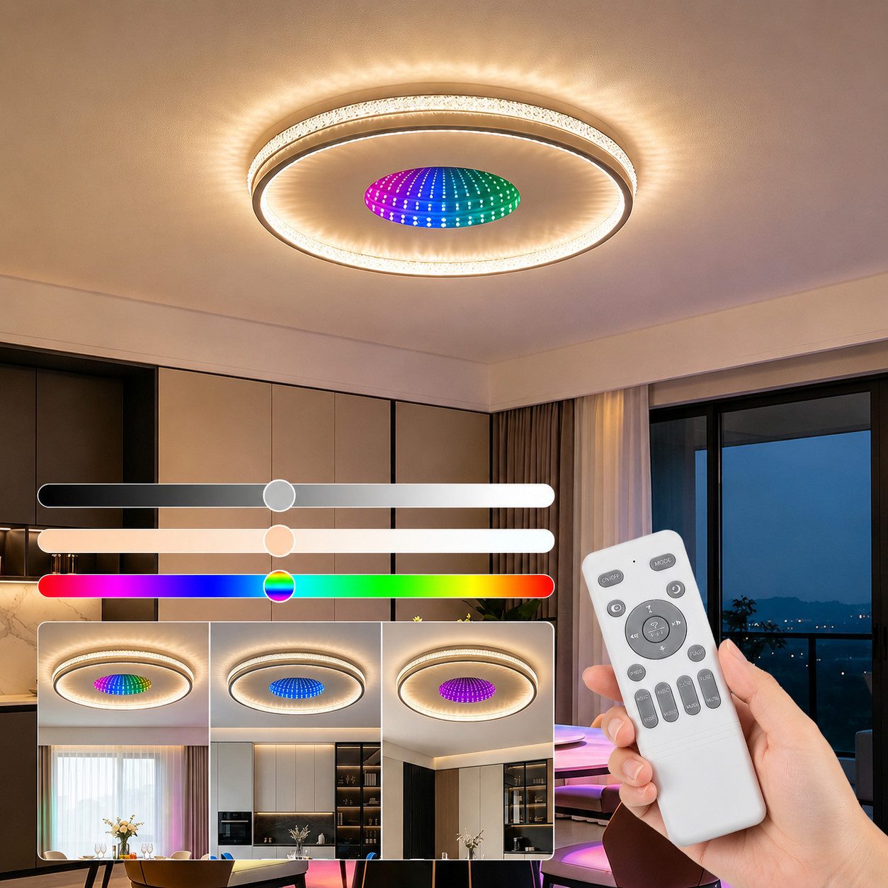 Eurohandisplay LED Deckenleuchte dimmbar LED Deckenleuchte Infinity RGB Fernbedienung 3D Tunneleffekt, LED fest integriert, RGB, Warm- bis Kaltweiß, 3D-Infinity