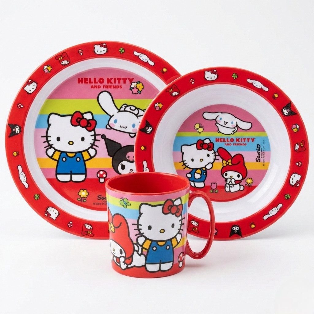 Hello Kitty Kindergeschirr-Set Hello Kitty Friends Kinder Geschirr-Set 3 tlg Becher Teller Schüssel (3-tlg), 1 Personen