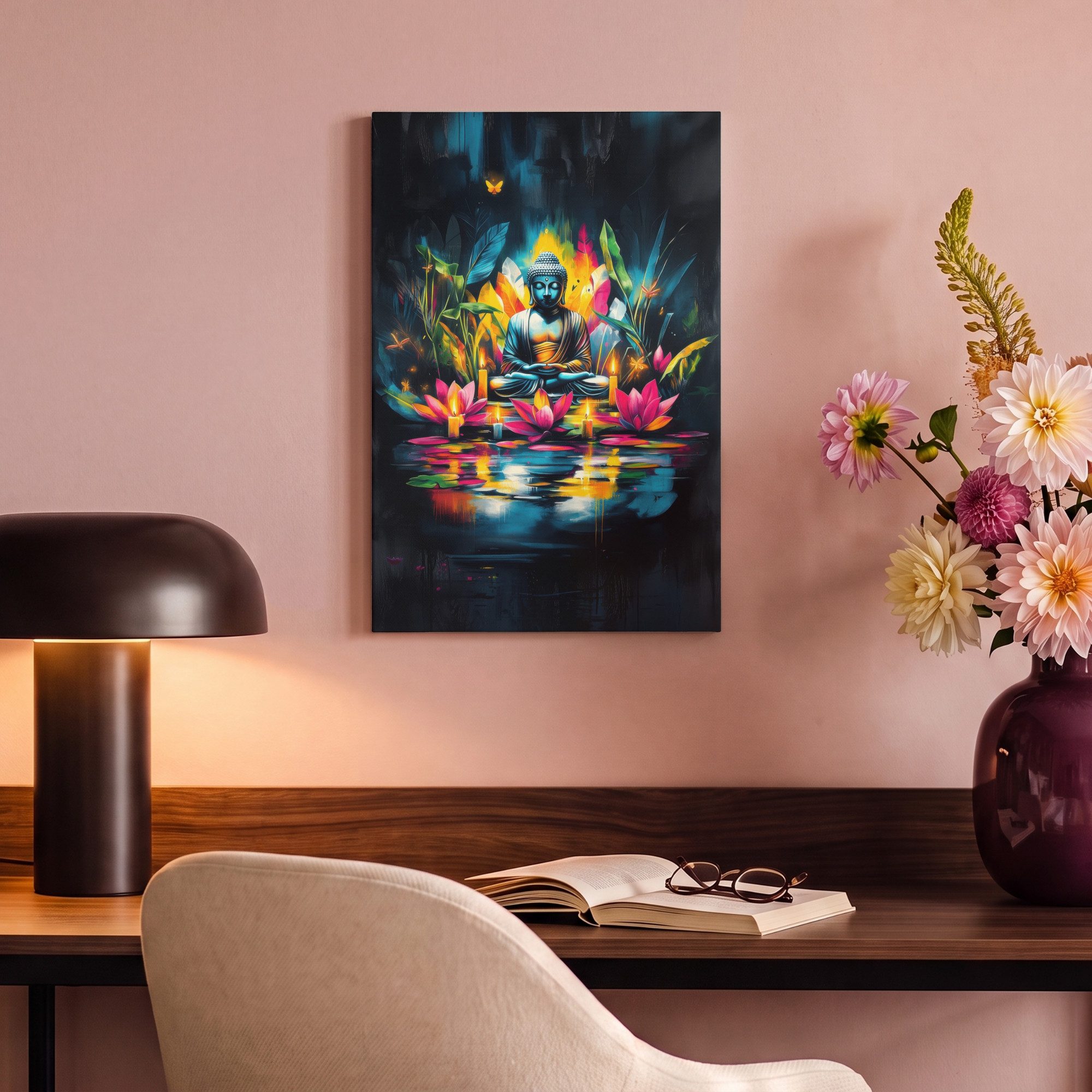 OneMillionCanvasses® Leinwandbild Kerzen - Blumen - Buddha - Wasser, Fotodruck (1 St), Leinwand Canvas Wandbild, Wanddekoration 20x30 cm – Bild 4 von 5