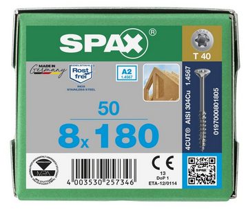 SPAX Spanplattenschraube Edelstahlschraube, (Edelstahl A2, 50 St), 8x180 mm