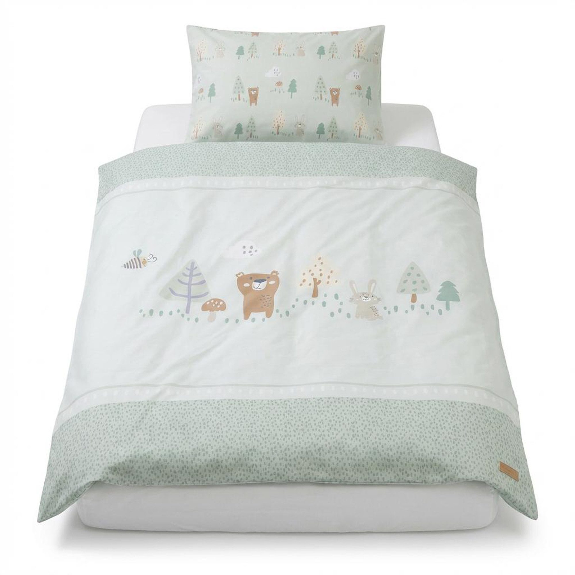 roba® Kinderbettwäsche Woodland Buddies 100 x 135 cm - Babybettwäsche mit Tier & Waldmotiven, Baumwolle, 2 teilig, Bezug für Bettdecke 100 x135 cm + Kopfkissen 40 x 60 cm - Pastellgrün