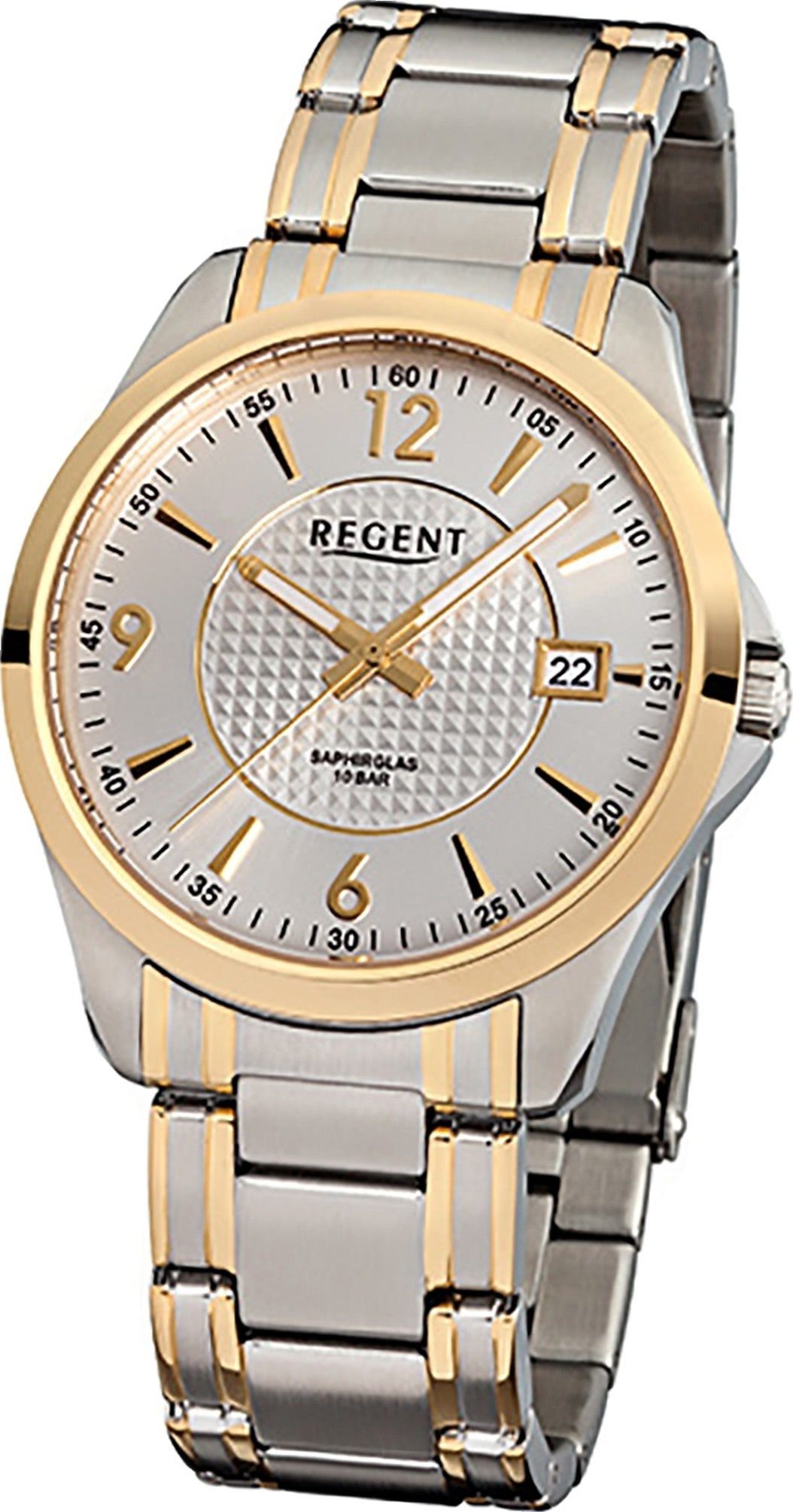 Regent Quarzuhr Regent Stahl Herren Uhr F-920 Quarzuhr, Herrenuhr mit Edelstahl, ionenplattiert goldarmband, rundes Gehäuse, g