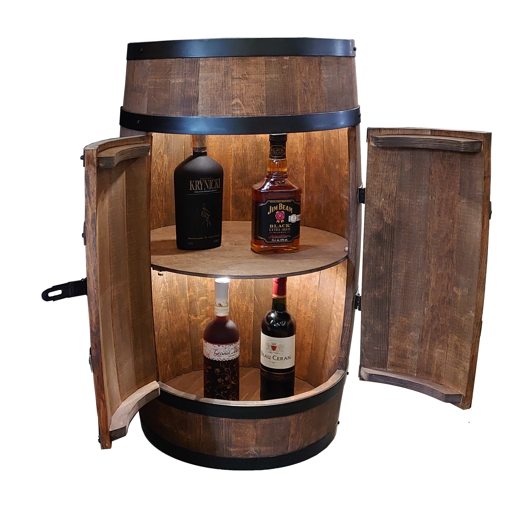 Allzweckkiste Holzfass mit Türen Wenge Hausbar LED Weinregal Flaschenständer 80 cm (Set)