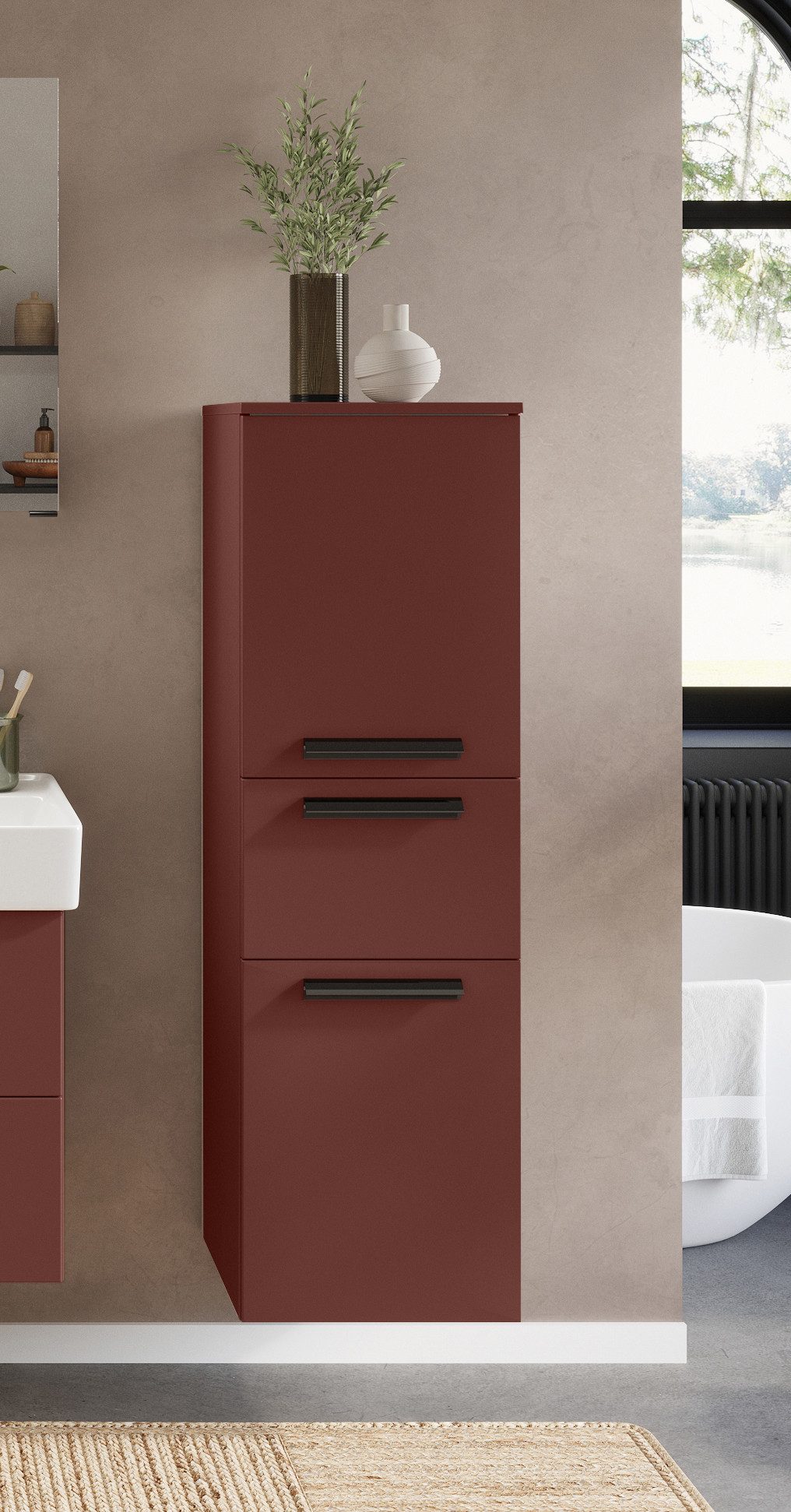 welltime Midischrank SALVADA, Midischrank 40 cm, gedämpfte Scharniere, Softclose Rot, Front und Korpus aus hochwertigen MDF, Anti-Finger-Print
