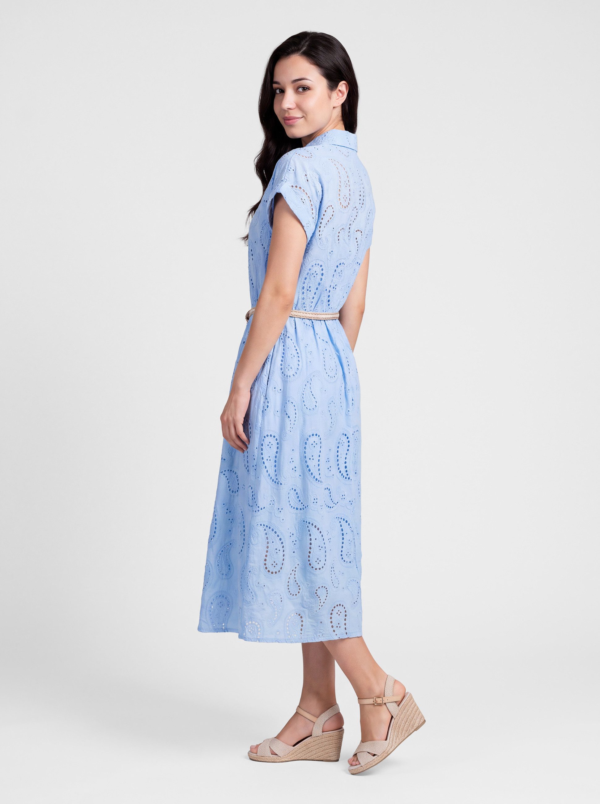 PEKIVESSA Sommerkleid Hemdblusenkleid mit Lochstickerei und Gürtel in Midilänge