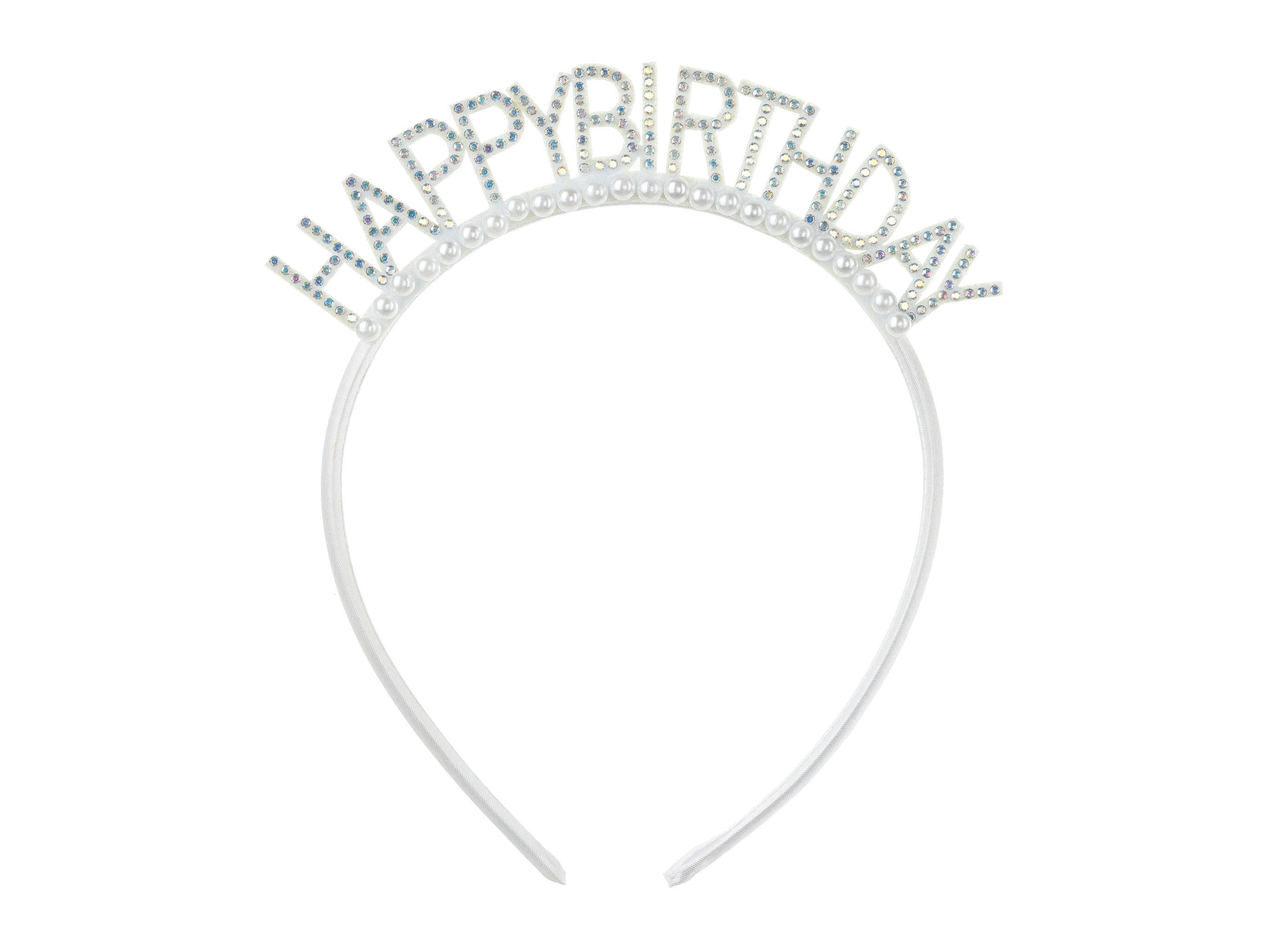 partydeco Haarreif, Haarreif Happy Birthday 14 x 15,5cm mit Strass & Perlen Silber