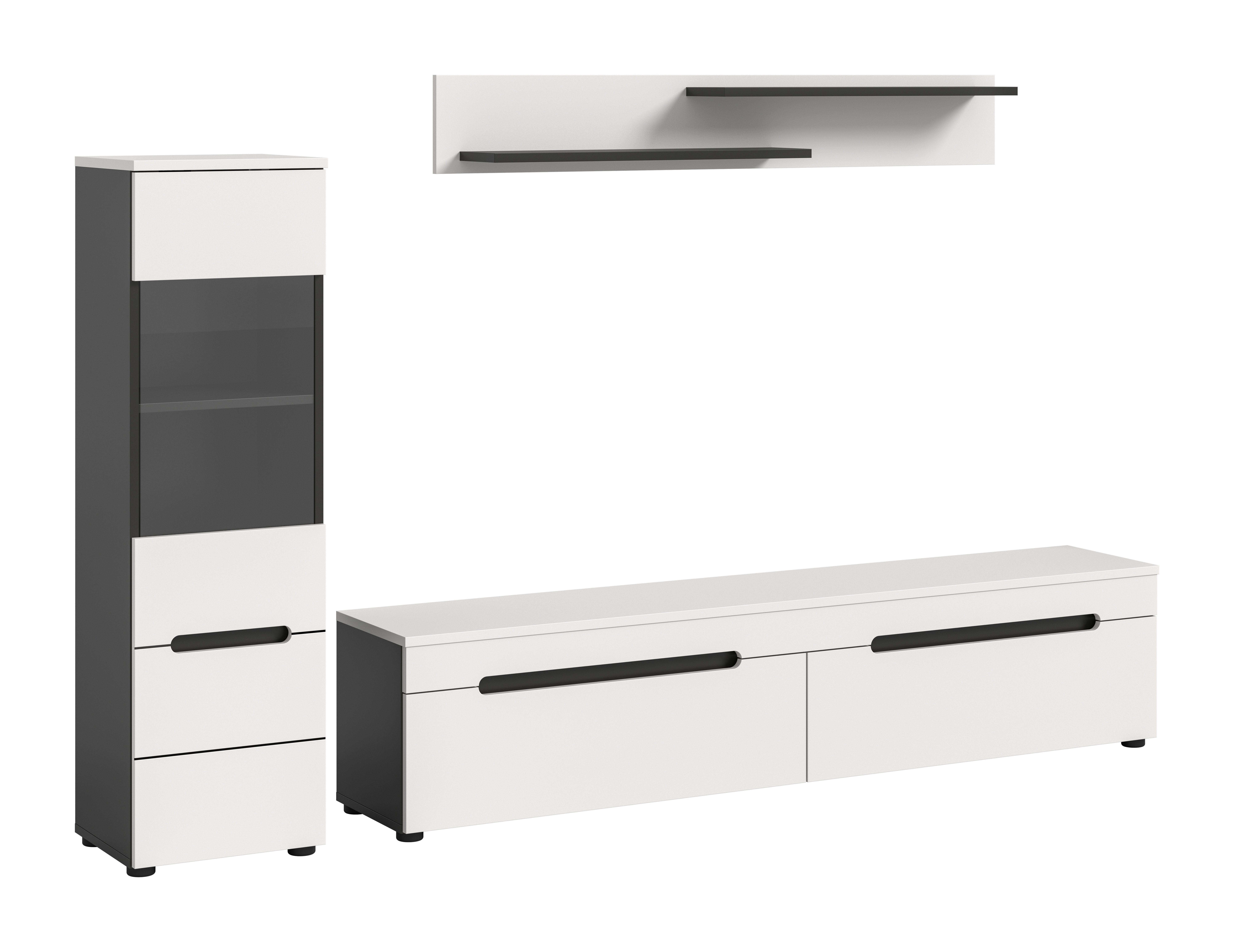 furnling Wohnzimmer-Set Cano, (3-St., Lowboard, Vitrine, Wandboard), Wohnzimmermöbel, Komplett-Set, Breite 221 cm, Basalt grau/weiß