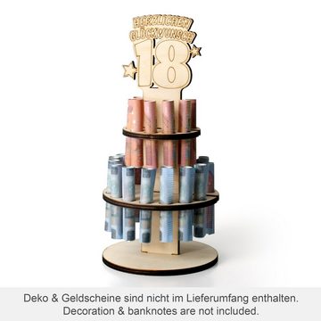 Kreative Feder Geburtstagskarte Dekorativer 3D Geschenk-Aufsteller „Torte“ zum 18. Geburtstag, originelle Geldgeschenk-Deko aus Holz