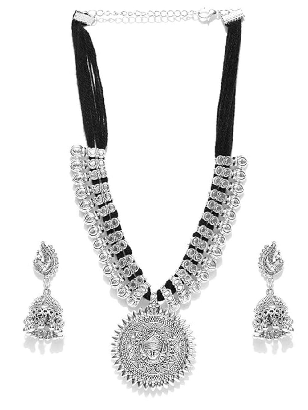YouBella Schmuckset Fashion Afghani Stammes-Schmuck-Set für Frauen & Mädchen (Antikes Silber, Oxidiert plattiert, Hautfreundlich), Stammes-Baumwollfaden-Halskette & Ohrringe Set