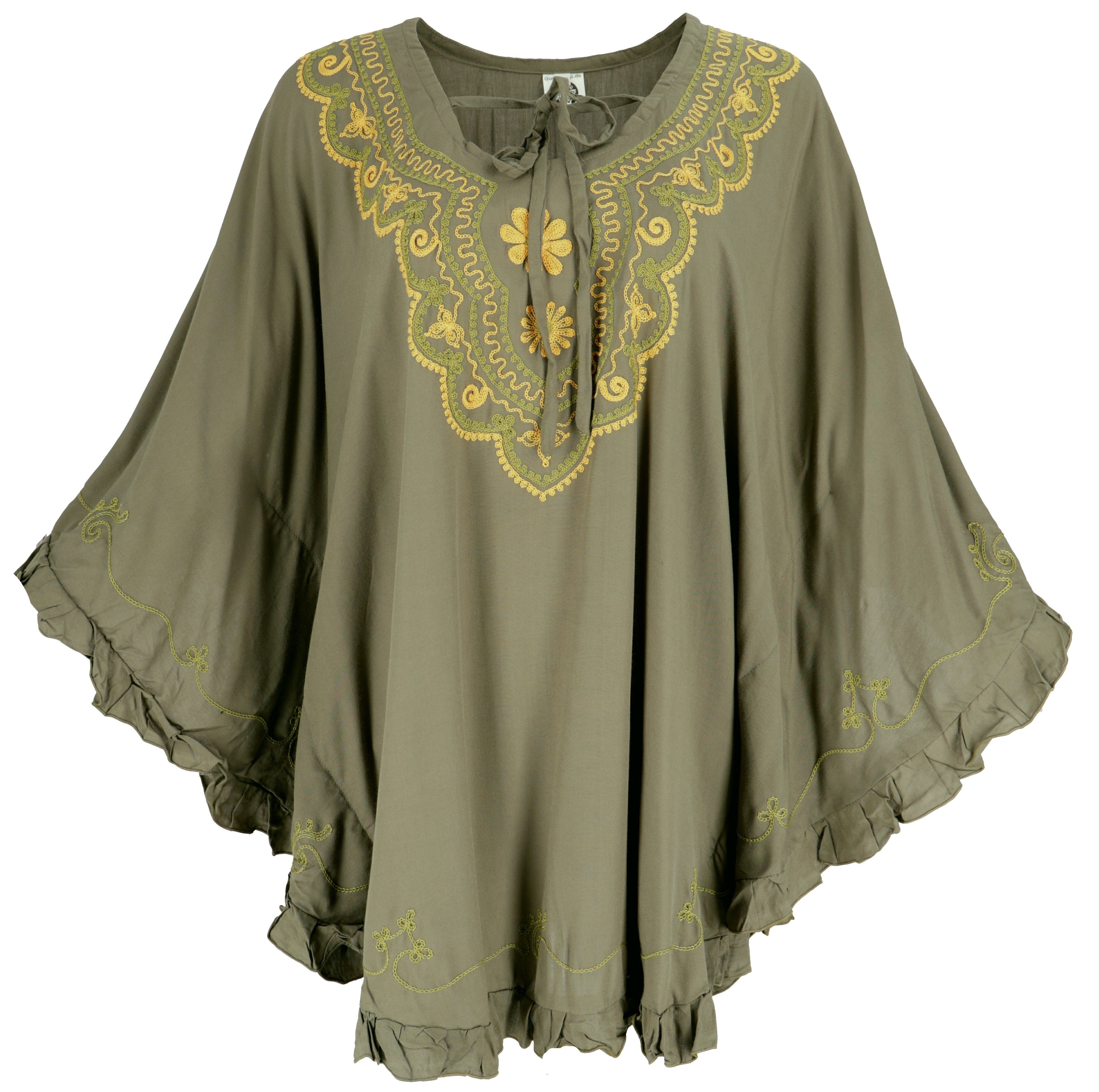 Guru-Shop Longbluse Bestickter Hippie Poncho, Tunika, Kaftan,.. alternative Bekleidung khaki