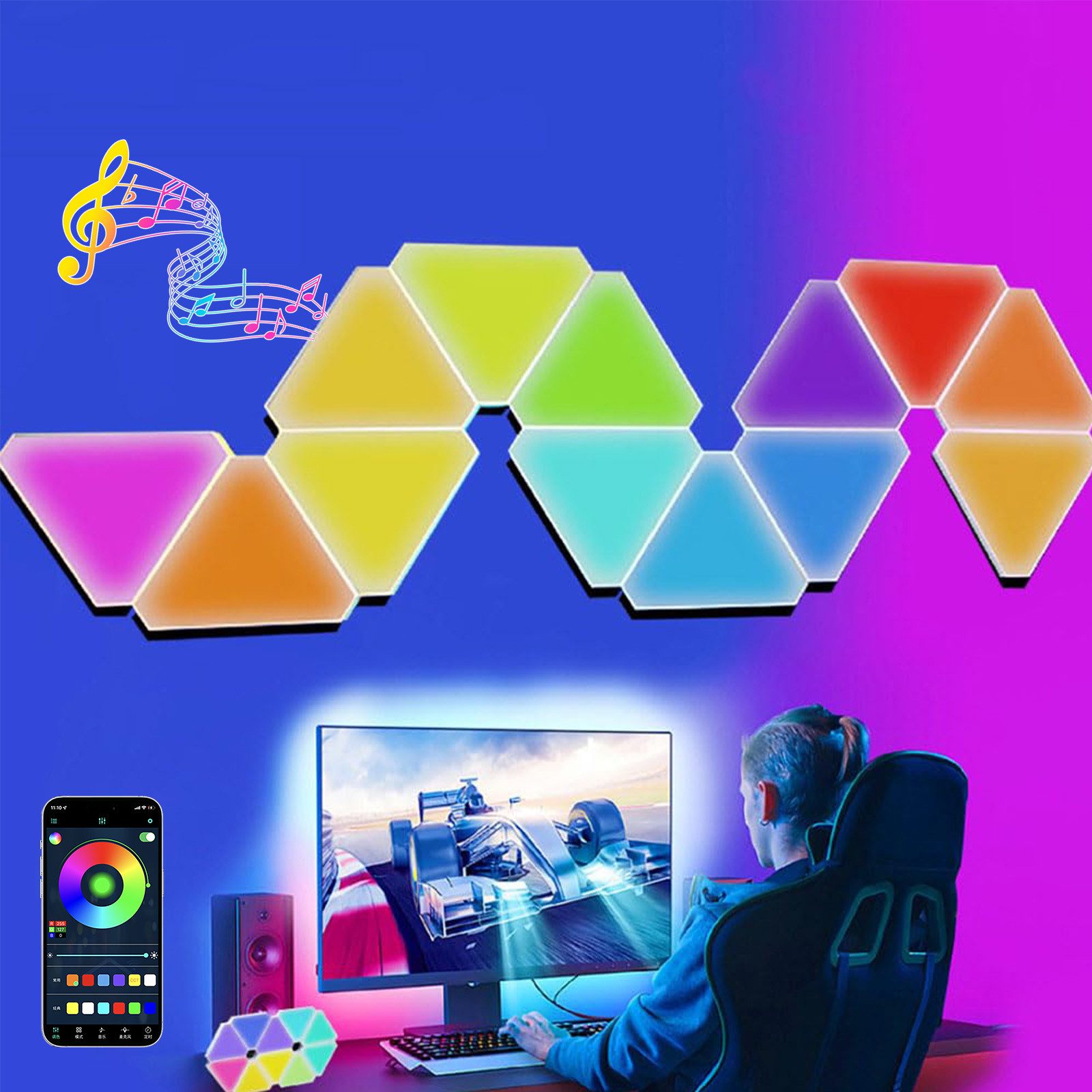 Rosnek LED Wandleuchte LED Gaming Wandleuchte RGB WLAN Bluetooth Wandlampe, WLAN, LED fest integriert, USB Dreieck Wandlicht für Gaming Zimmer Schlafzimmer Deko