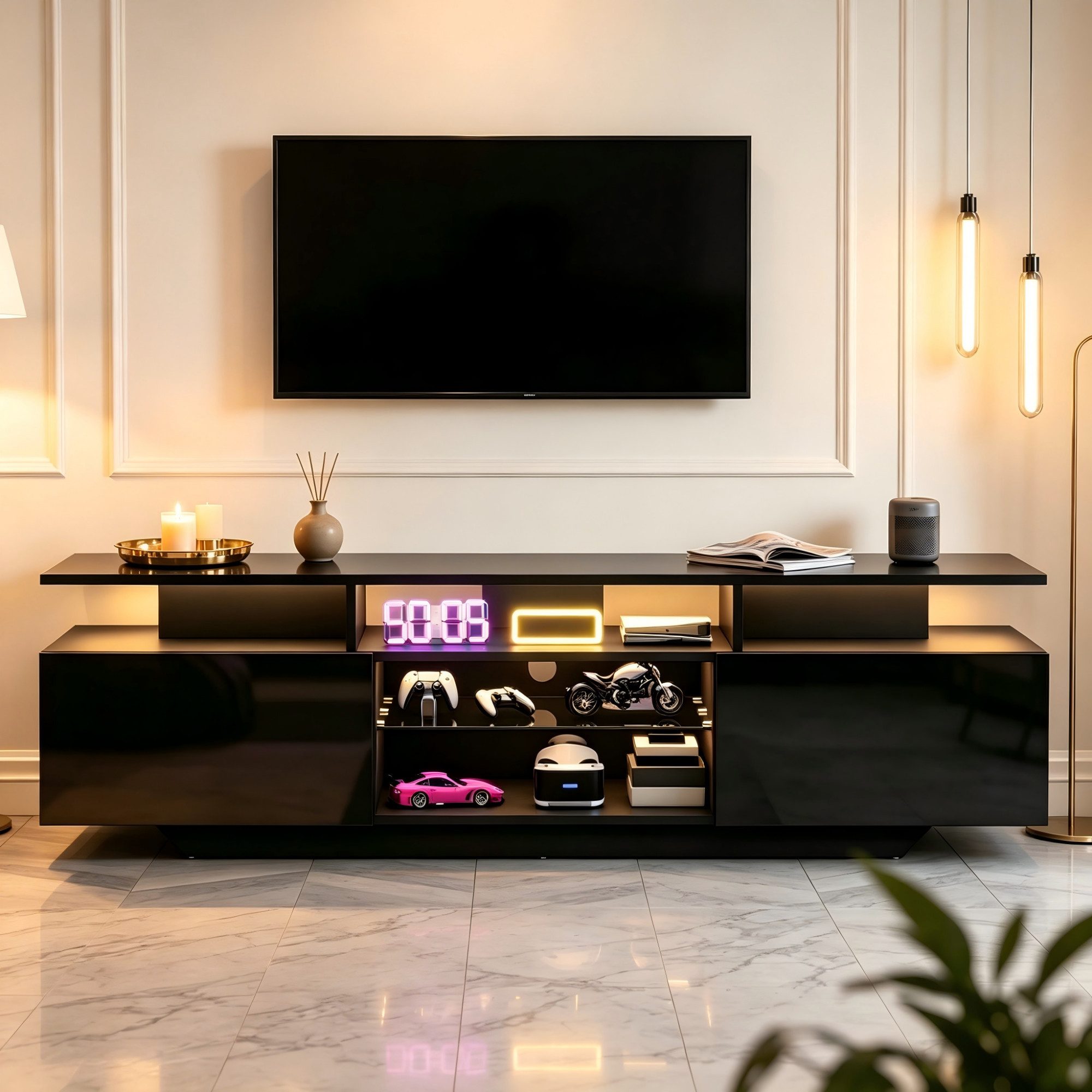 BlingBin TV-Schrank TV-Lowboard 160 cm mit LED, Glasfächern und 2 Türen (TV-Ständer, 1-St., 160 x 40 x 45cm) Fernsehschrank mit 8 Ablageflächen, für 70-Zoll-Fernseher,Schwarz