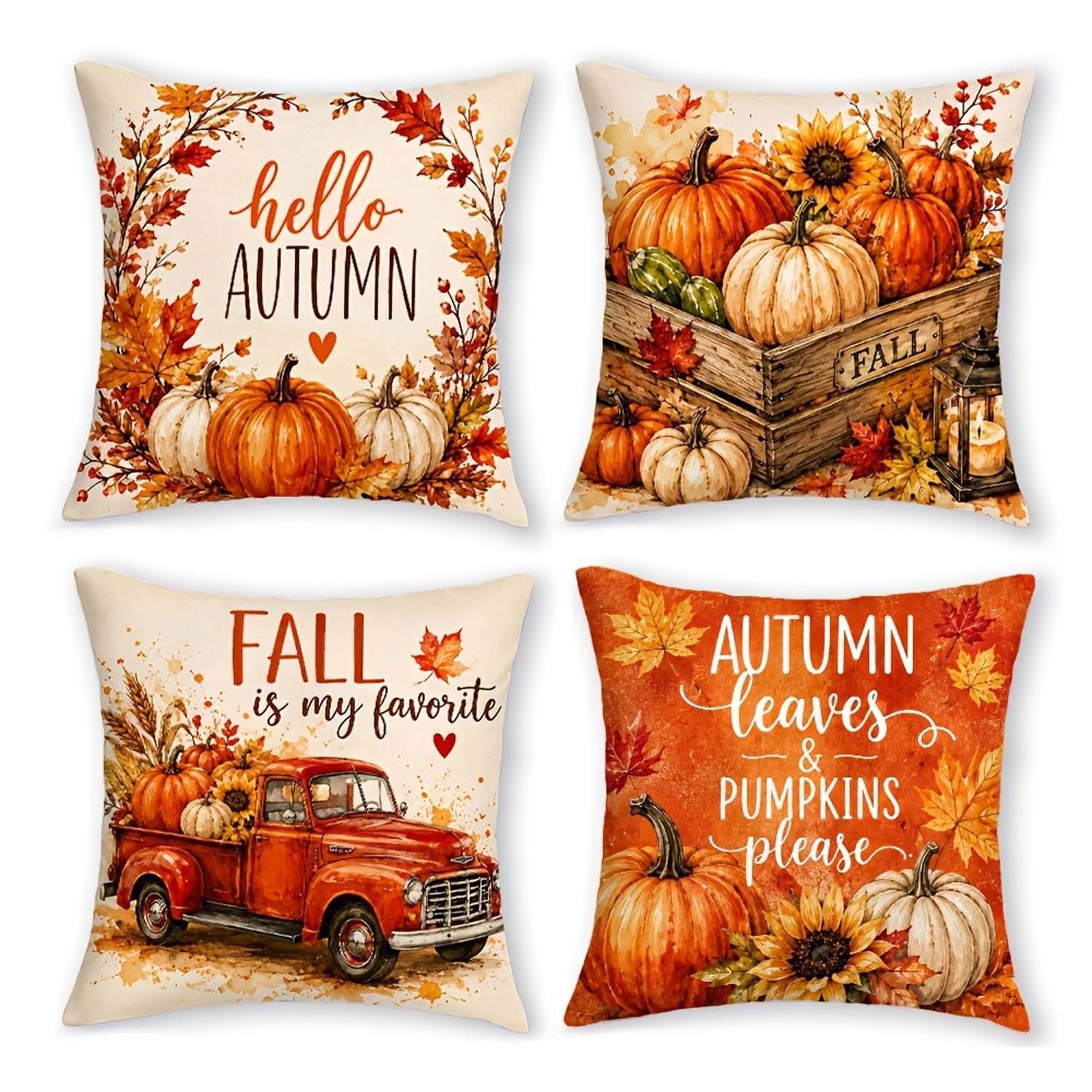 Sorvyzxn Kissenbezug 4er Set Kissenbezug Herbst 45x45 Kissenhülle Kürbis Deko