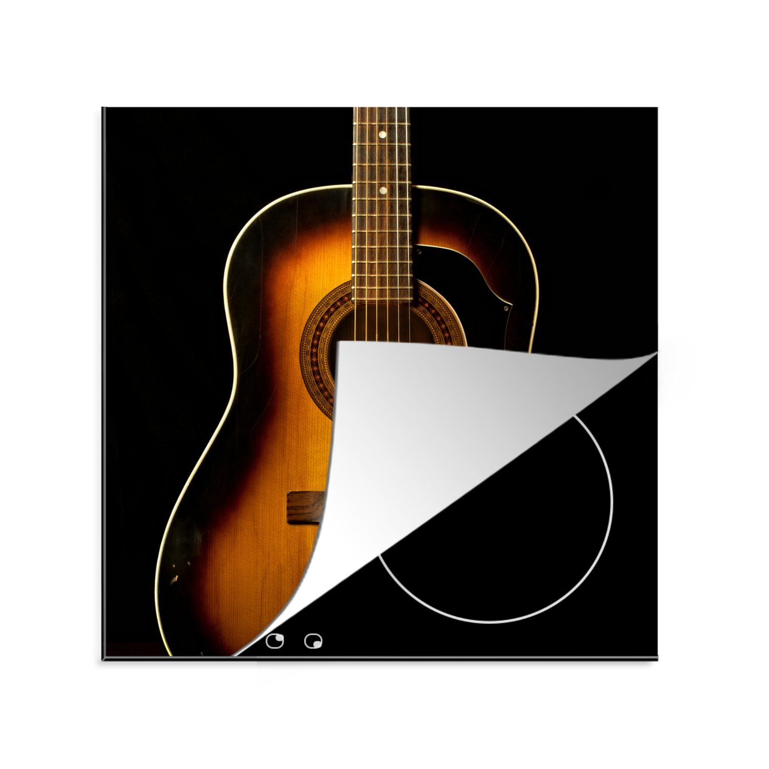 MuchoWow Herdblende-/Abdeckplatte Akustische Gitarre auf schwarzem Hintergrund, Vinyl, (1 tlg), 78x78 cm, Ceranfeldabdeckung, Arbeitsplatte für küche