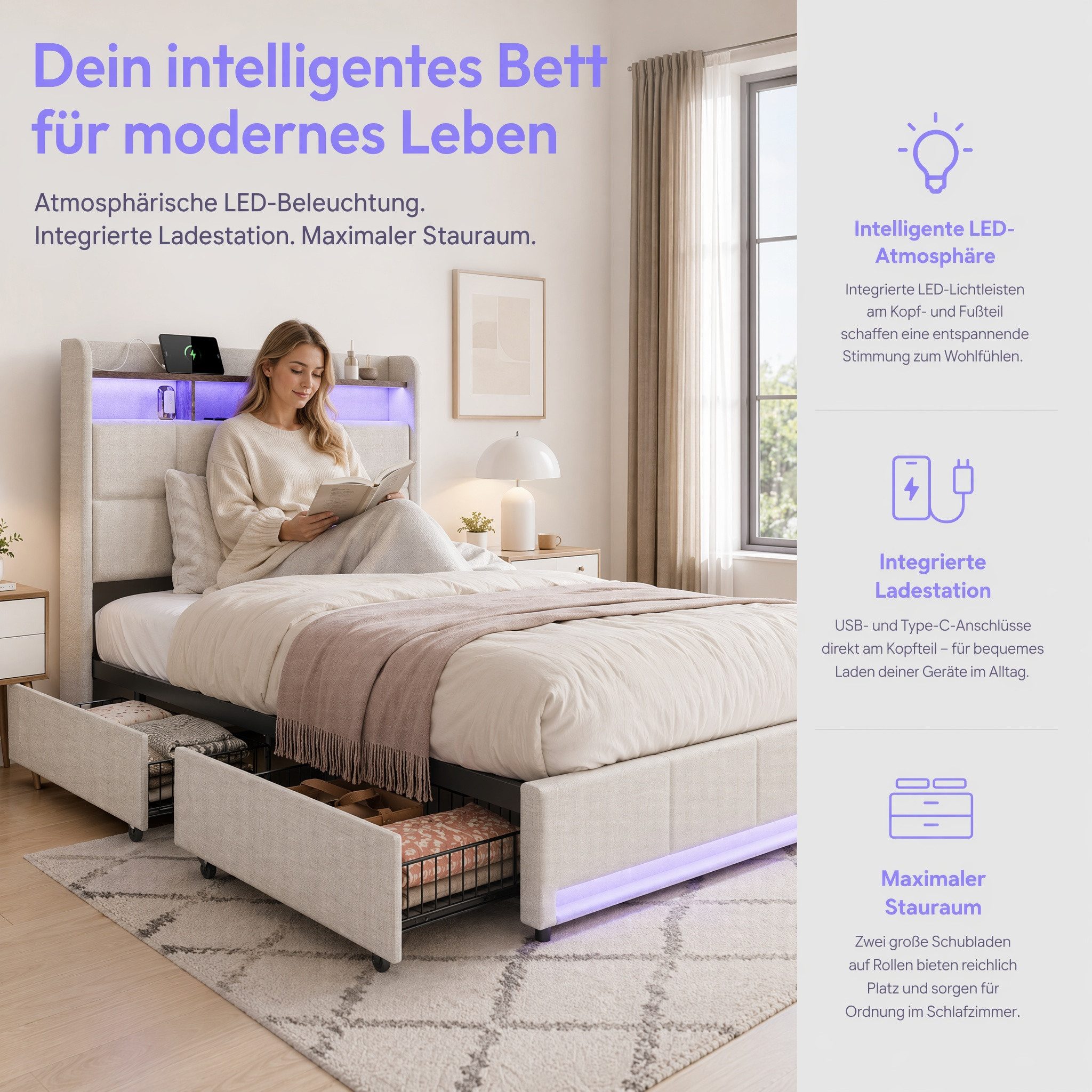 Furnishings Home Polsterbett LED Doppelbett Stauraumbett mit Kopfteil und 4 Schubladen (Leinenmaterial Polsterbett mit RGB Beleuchtung, 90x200 cm), mit Lattenrost und Ladefunktion, mit Komforthöhe, Leises Design Bett