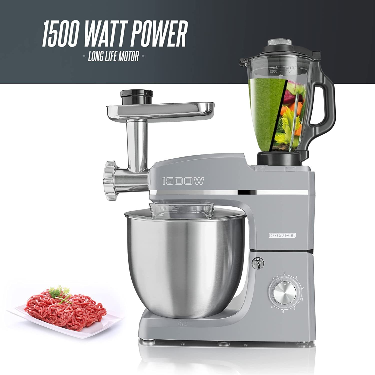 Heinrich´s Küchenmaschine, 1500 W, 10,00 l Schüssel, 6 Geschwindigkeiten, Multifunktional, XXXL