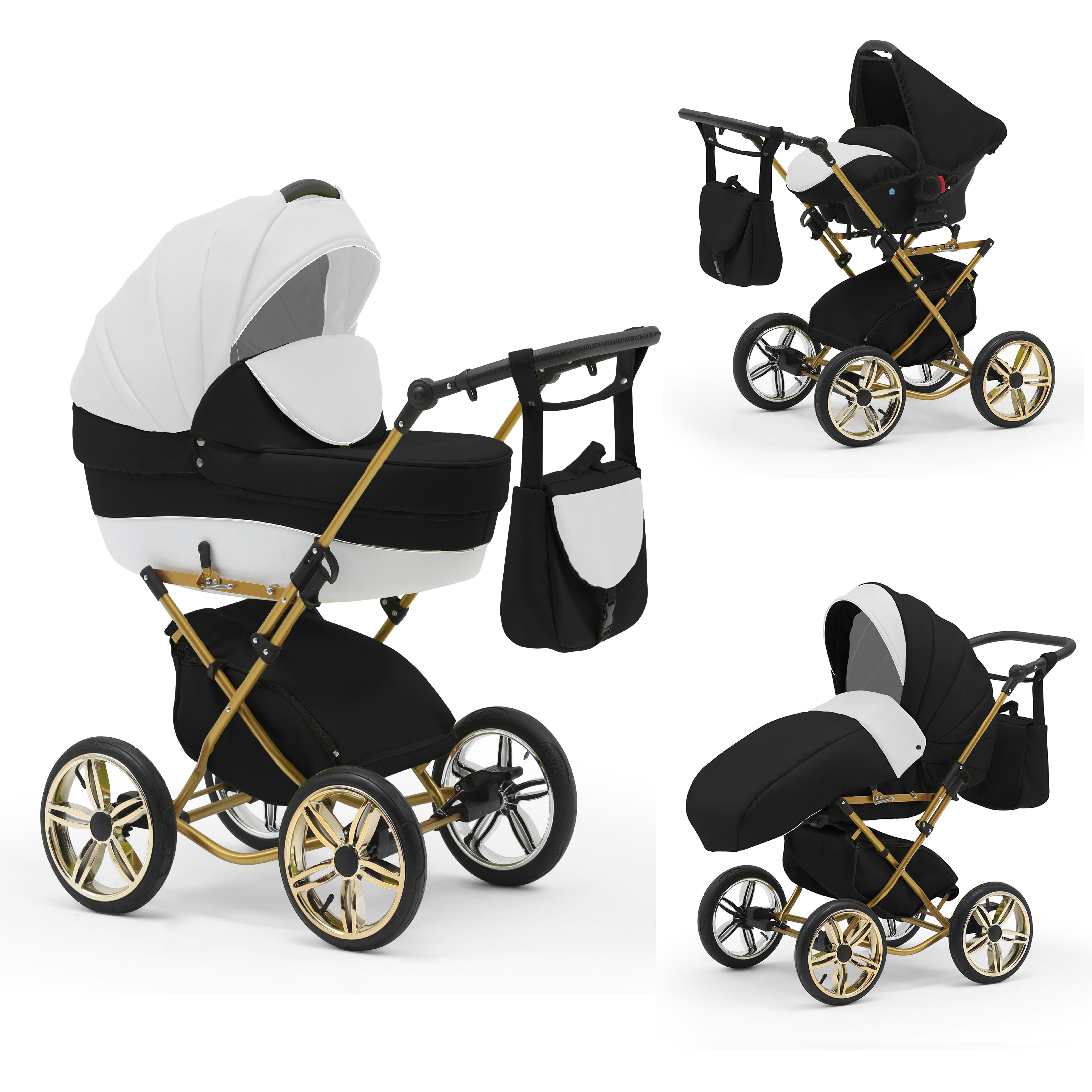 BabyMerc Kombi-Kinderwagen Sorento Gold 4 in 1 mit Sportsitz, Autositz und Zubehör in 30 Farben