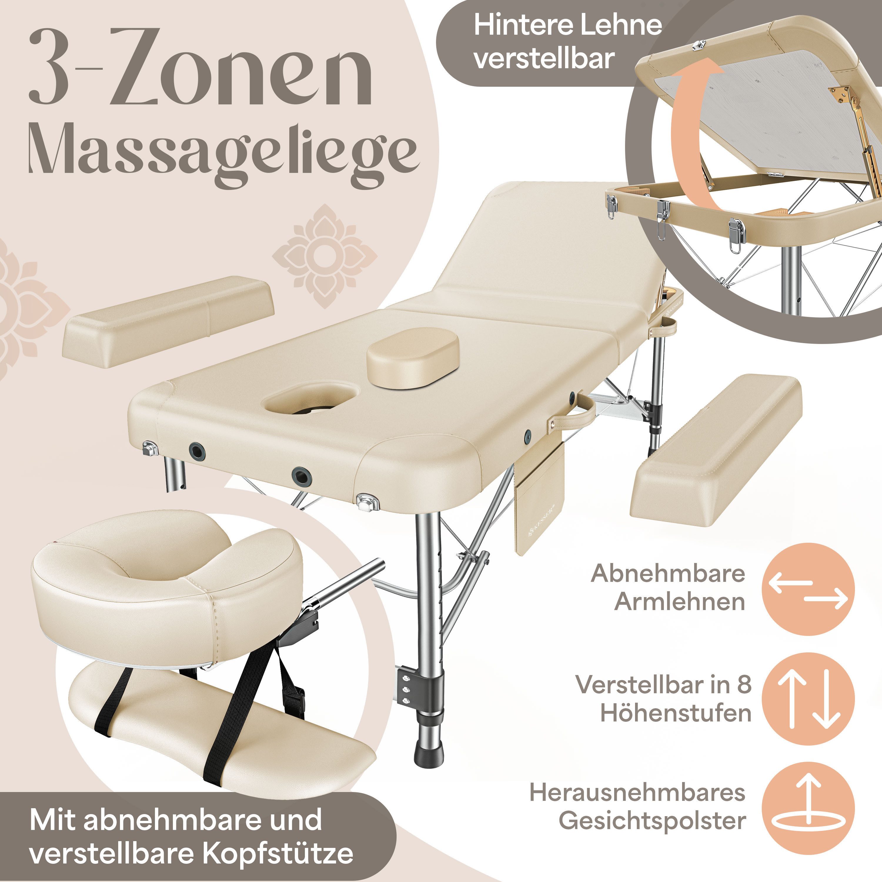 KESSER Massageliege, 3 Zonen Kosmetikliege klappbar & höhenverstellbar mobile Massagebett