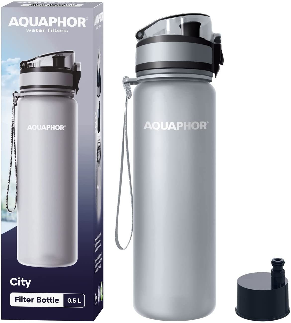 AQUAPHOR Trinkflasche Flasche mit Wasserfilter für unterwegs, 500 ml., I Filter mit Aktivkohle IBPA frei I Farbe: grau