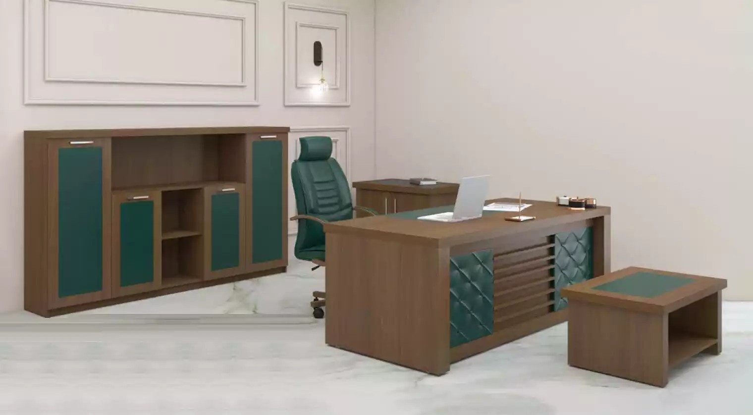 Xlmoebel Büromöbel-Set Braune Luxus Office Garnitur 4tlg. Schreibtisch Designermöbel, (4-tlg., Schreibtisch, Couchtisch, Beistelltisch, Schrank), Made in Europa