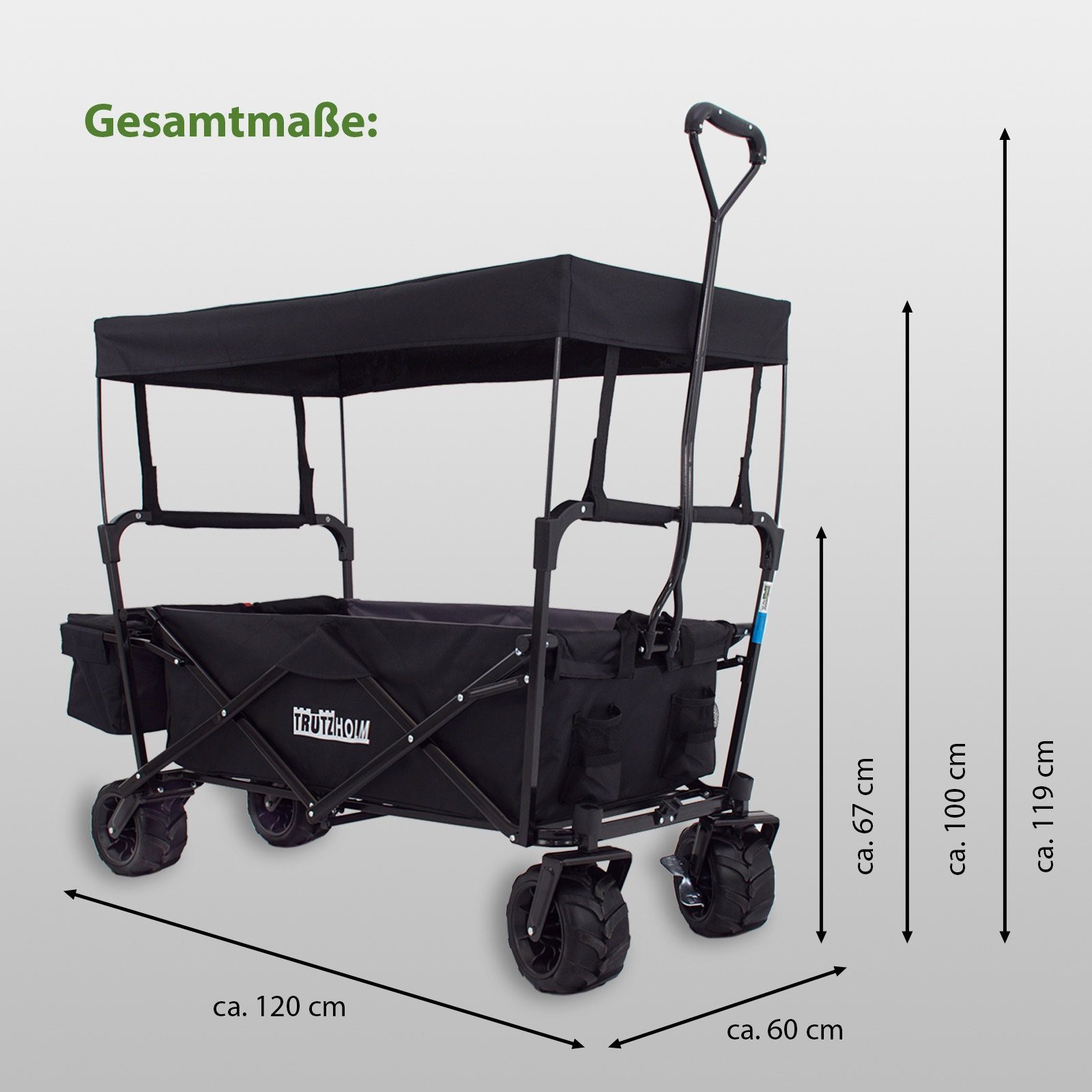 TRUTZHOLM Bollerwagen faltbar mit Sonnendach Breitreifen Schwarz,innen grau Falt-Bollerwagen