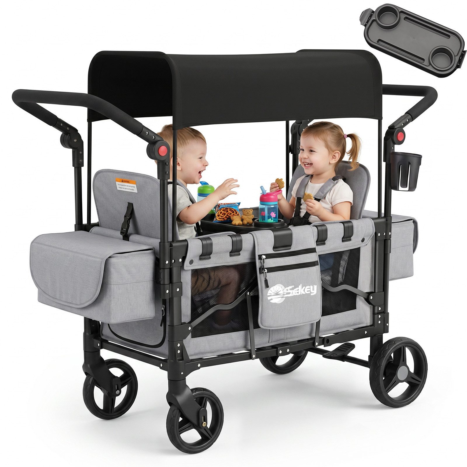 Sekey Bollerwagen für Kinder zum Sitzen, Bollerwagen Faltbar Kinderwagen für 2 Kinder, Duo Schiebegriff Kinderwagen mit 2 integrierten 5-Punkt-Gurtsystem