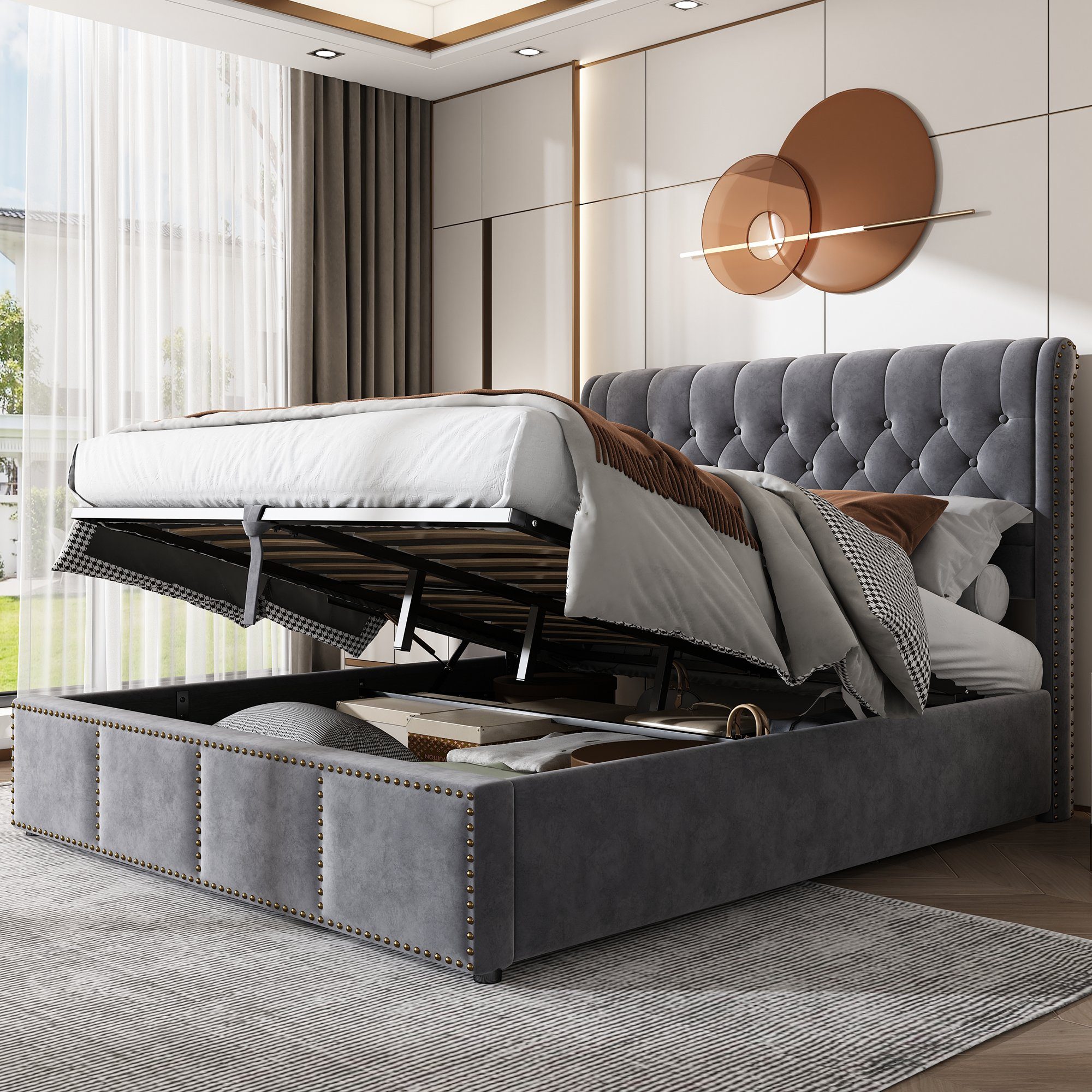 OKWISH Polsterbett Doppelbett (140 x 200 cm, ohne Matratze), mit Hydraulikhebel, Aufbewahrung von Bettkästen, Samt, grau