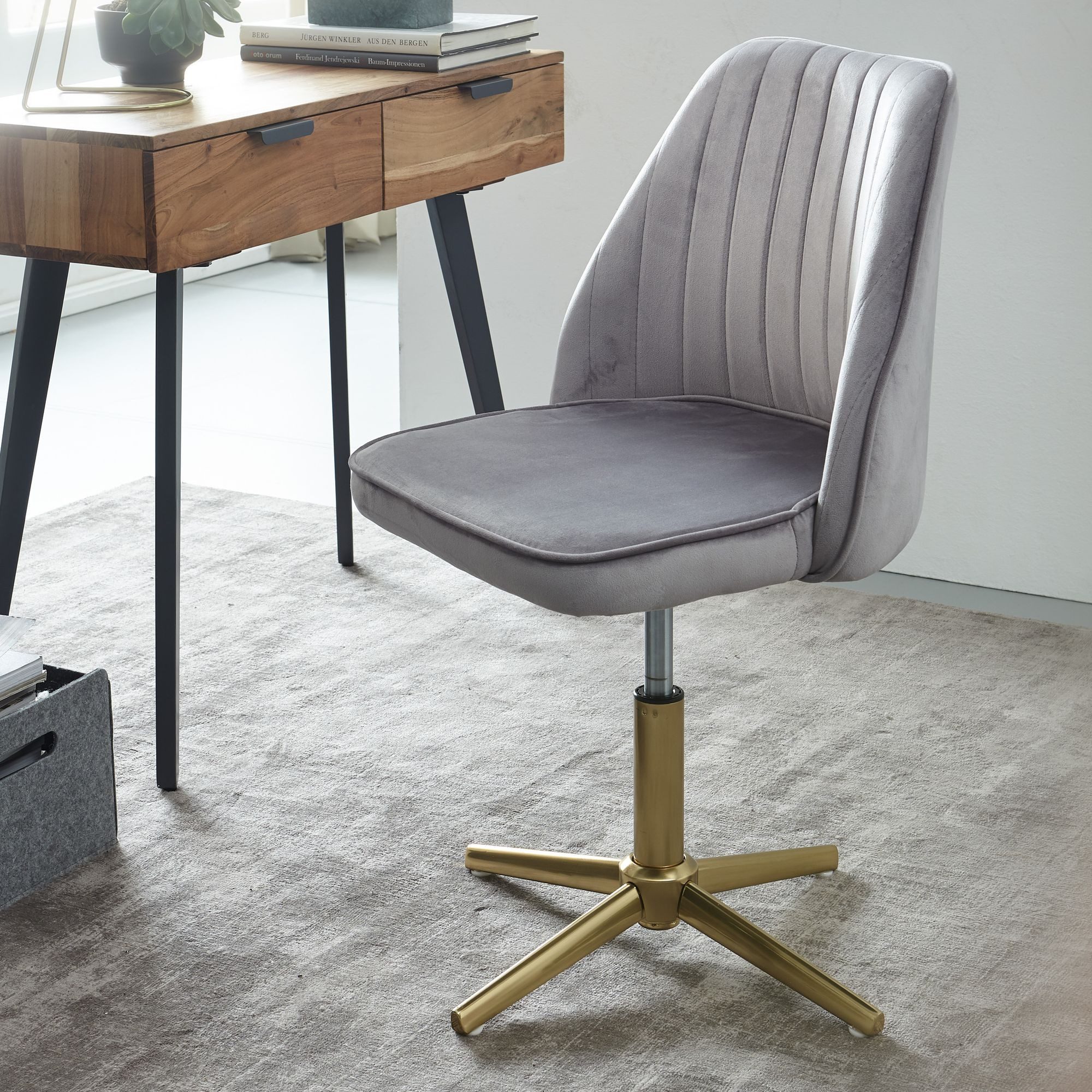 FINEBUY Drehstuhl Samt Schreibtischstuhl Drehbar Modern Schalenstuhl (Samt Grau, Design Schalenstuhl Drehbar mit Lehne), Schreibtischstuhl 120 kg Höhenverstellbar, Drehbar