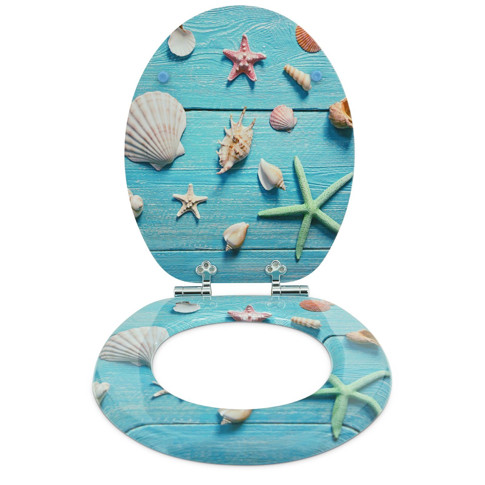 Sanfino WC-Sitz "Blue Star" Premium Toilettendeckel mit Absenkautomatik aus Holz, mit schönem Strand-Motiv, hohem Sitzkomfort, einfache Montage