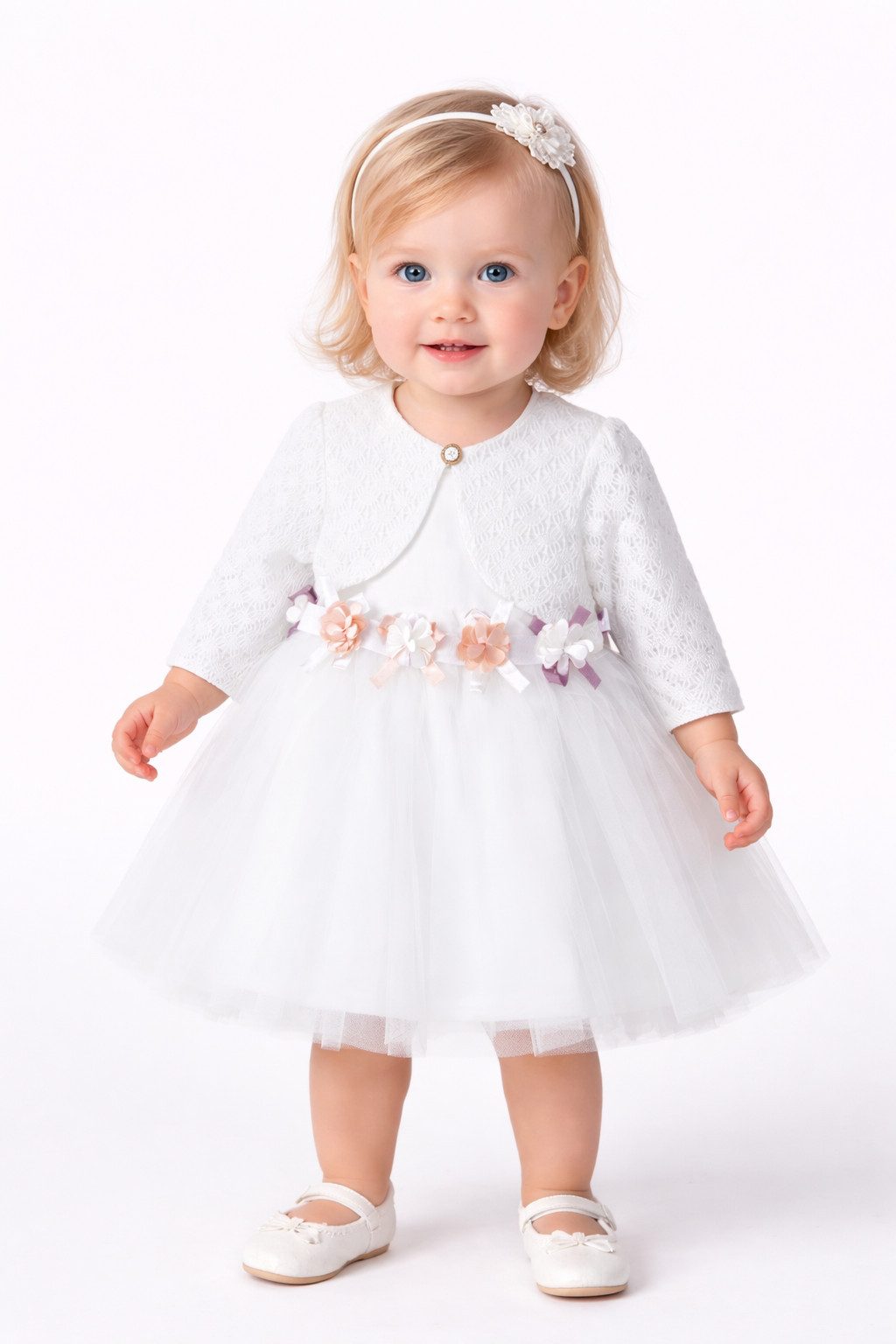 Lorey Medtec Taufkleid Prinzessin Kleid mit Jacke, Party Kleid, Spitze, 100% Baumwolle, Weiß (Kleid + Jacke) Spitze, Tüll