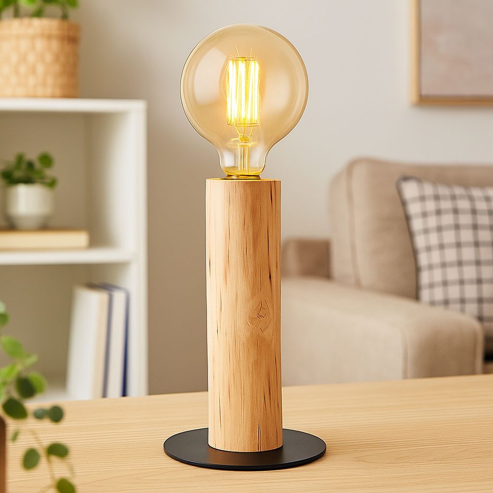 GLOBO LIGHTING LED Tischleuchte, Leuchtmittel inklusive, Warmweiß, LED Tischlampe Holzleuchte natur Vintage Wohnzimmerlampe