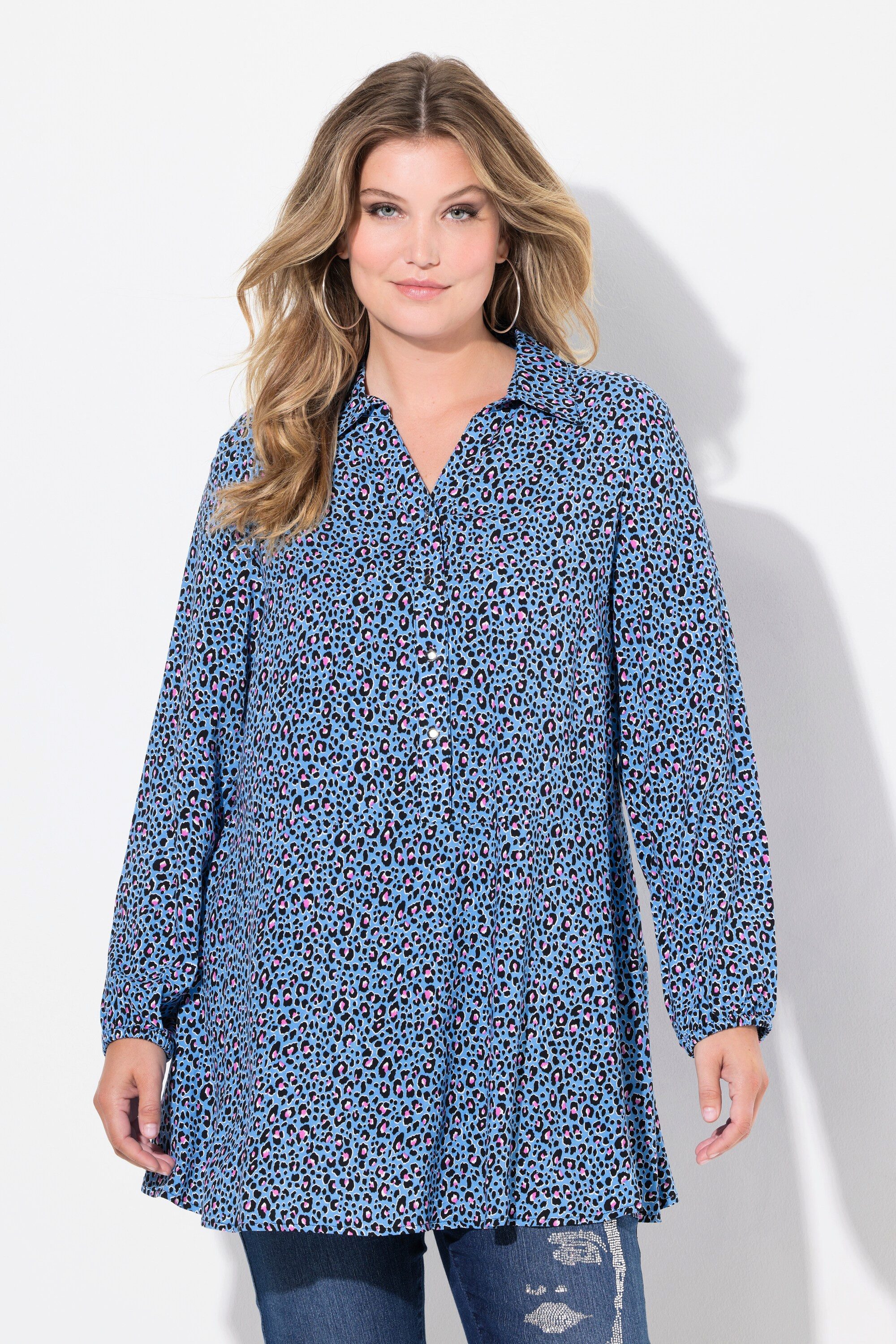 Hemdbluse Bluse A-Linie Leomuster Saum-Volant Langarm