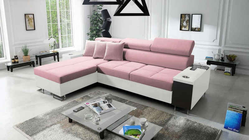 Best for Home Ecksofa Anita I Mini Luxus und Elegantes mit Schlaffunktion, hat einen Öffnungsbügel, eine Steckdose und einen USB-Anschluss