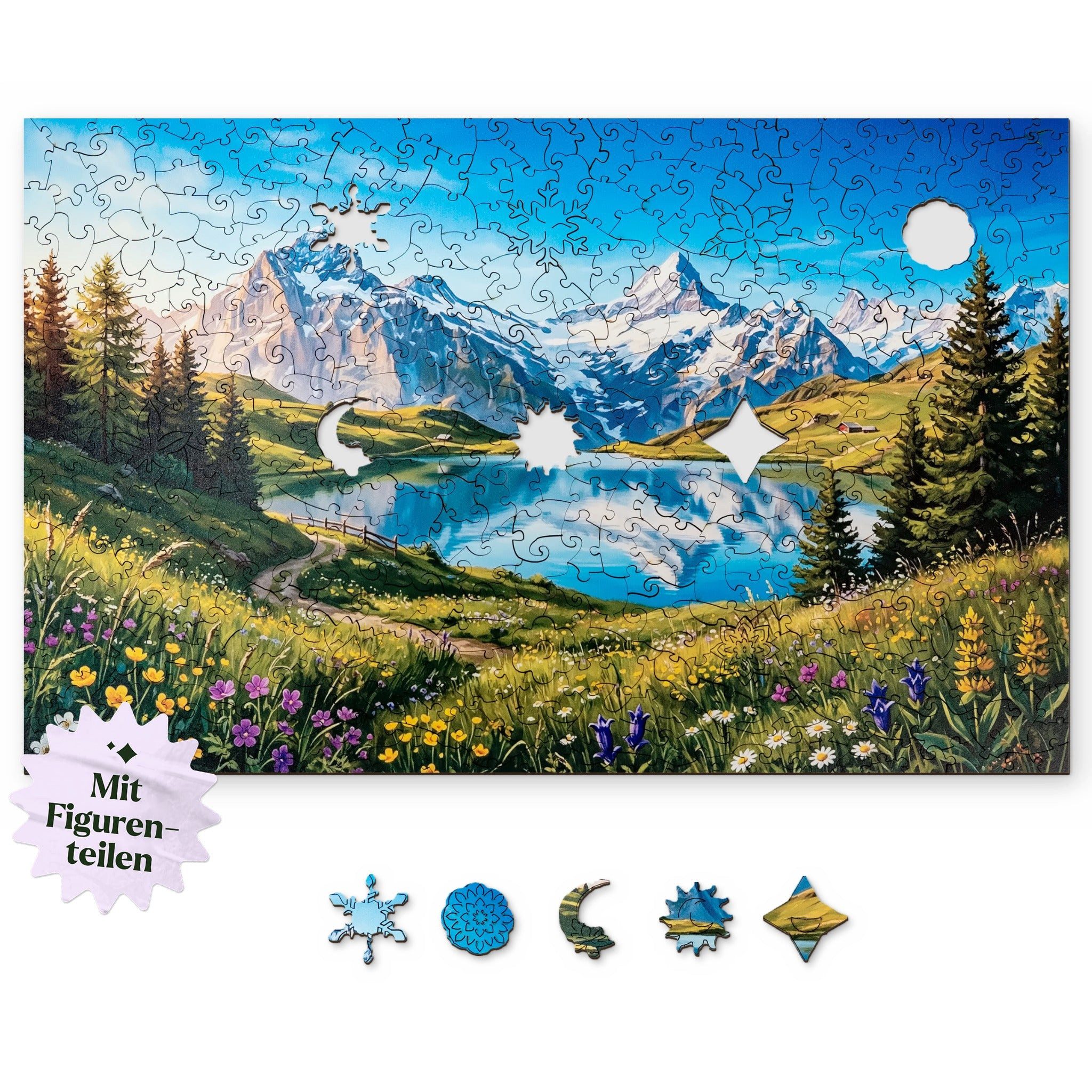 MagicHolz Puzzle Alpenpanorama mit Bergsee aus Holz, 500 Puzzleteile