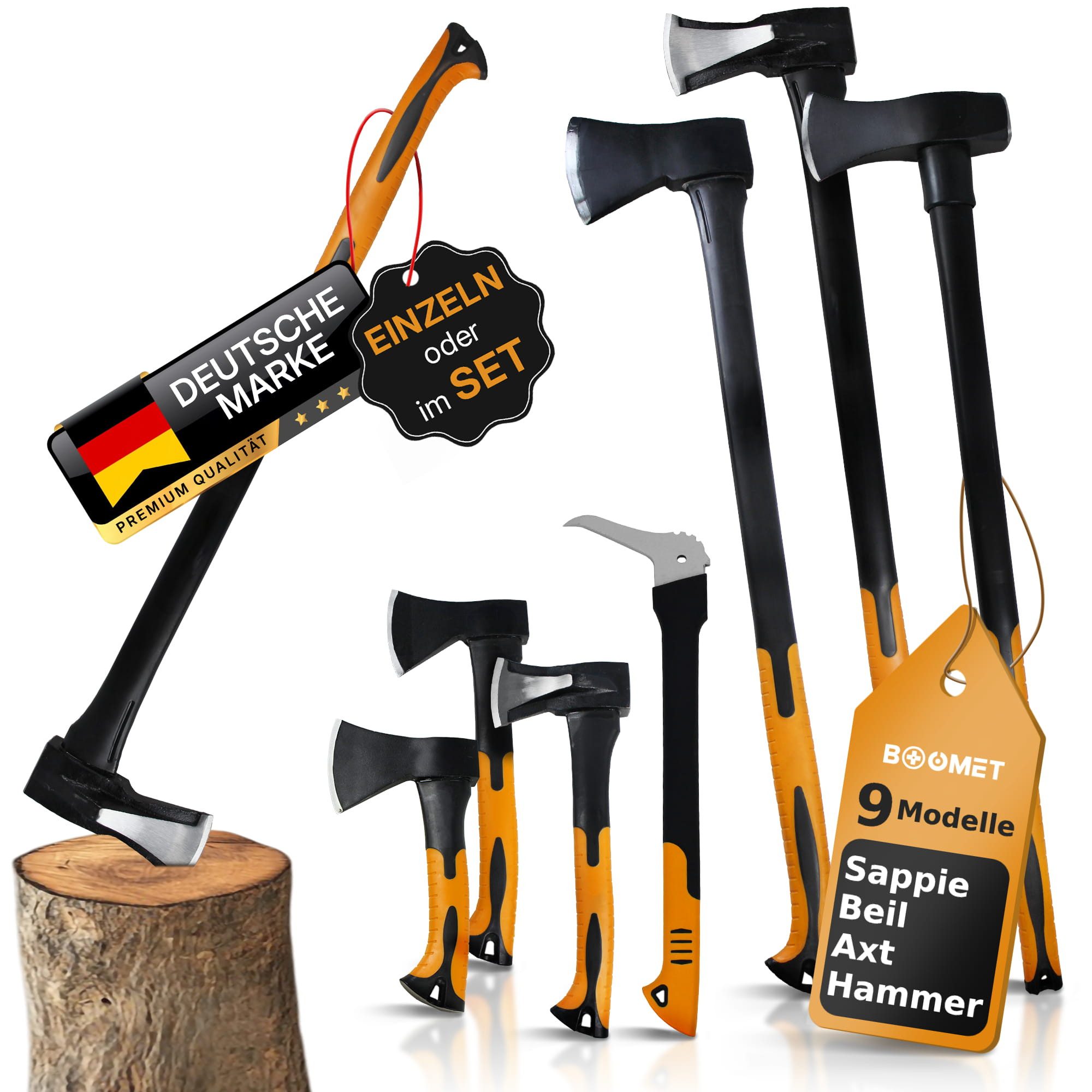 BOOMET Axt Forstaxt zum Holzhacken, (Beil 600g / Axt 2000g, 2er Set), Holzspalter Fiberglaskern Langstiel Ax tSpaltbeil