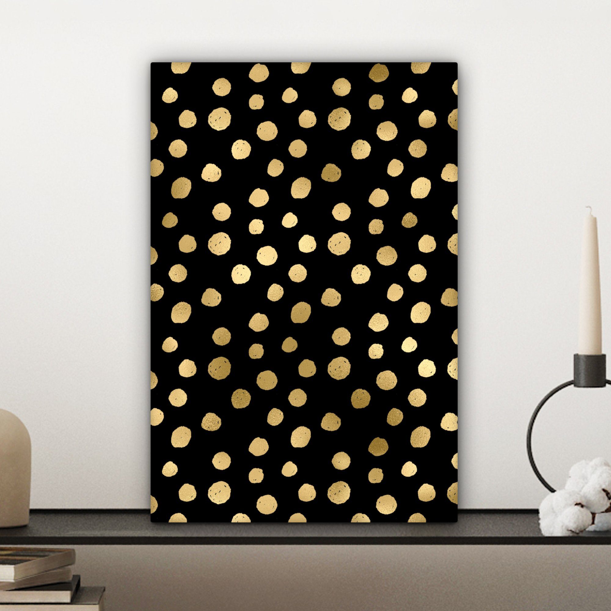 OneMillionCanvasses® Leinwandbild Muster - Punkte Gemälde, Zackenaufhänger, fertig bespannt Leinwandbild cm Gold, St), - inkl. 20x30 (1