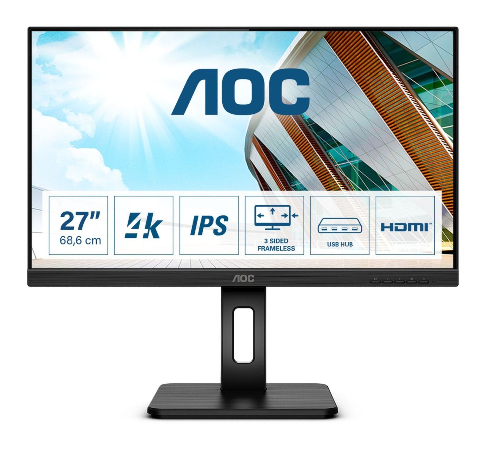 AOC U27P2 68.58CM 27IN IPS TFT-Monitor (3840 x 2160 px, 4K Ultra HD, 4 ms Reaktionszeit, 60 Hz, IPS, Eingebautes Mikrofon, Adaptive-Sync, Lautsprecher, Höhenverstellbar)