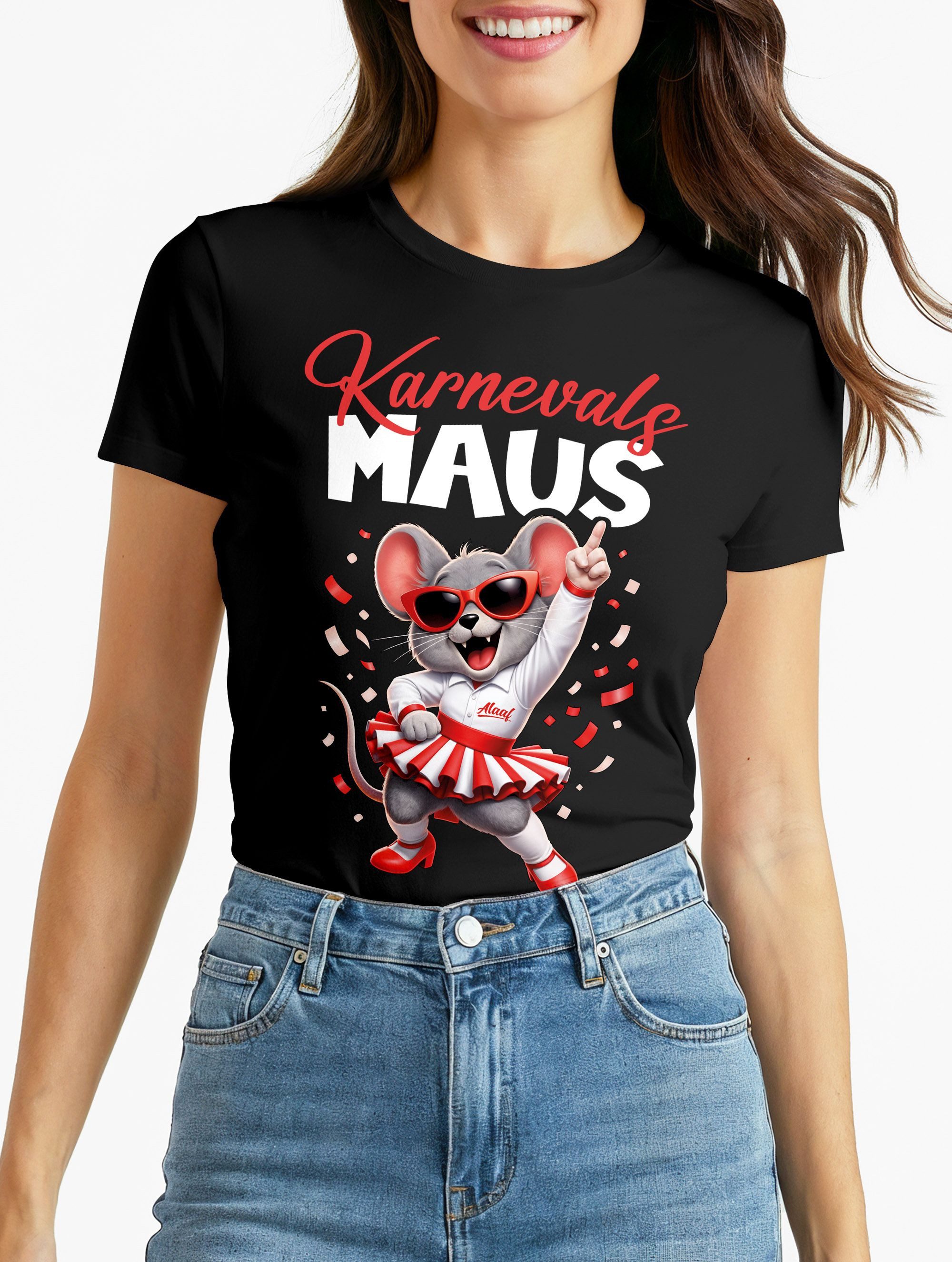 Print-Shirt Damen T-Shirt Fasching Karneval, Maus Aufdruck, Ersatz Verkleidung