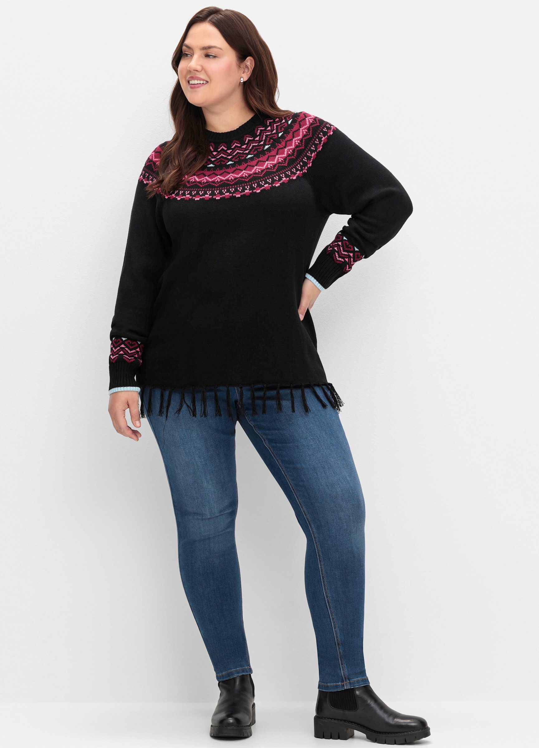 Sheego Strickpullover Norwegerpullover . mit Fransen am Saum günstig online kaufen