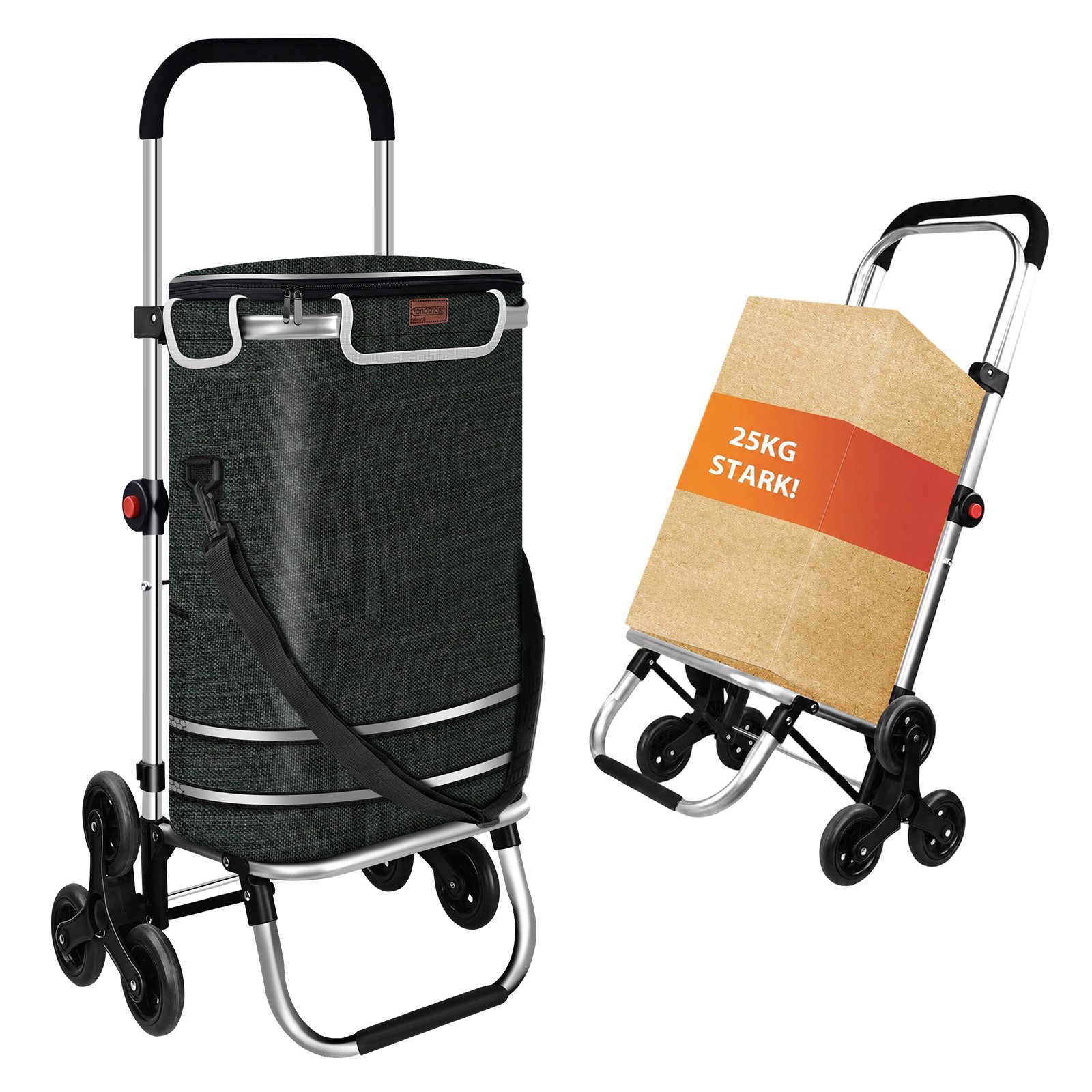 OKWISH Einkaufstrolley 3 Räder Einkaufswagen Treppensteiger mit Kühlfach klappbar bis 25 kg, 50 l, Einkaufsbeutel Leichter Transportwagen für Einkauf Camping Garten