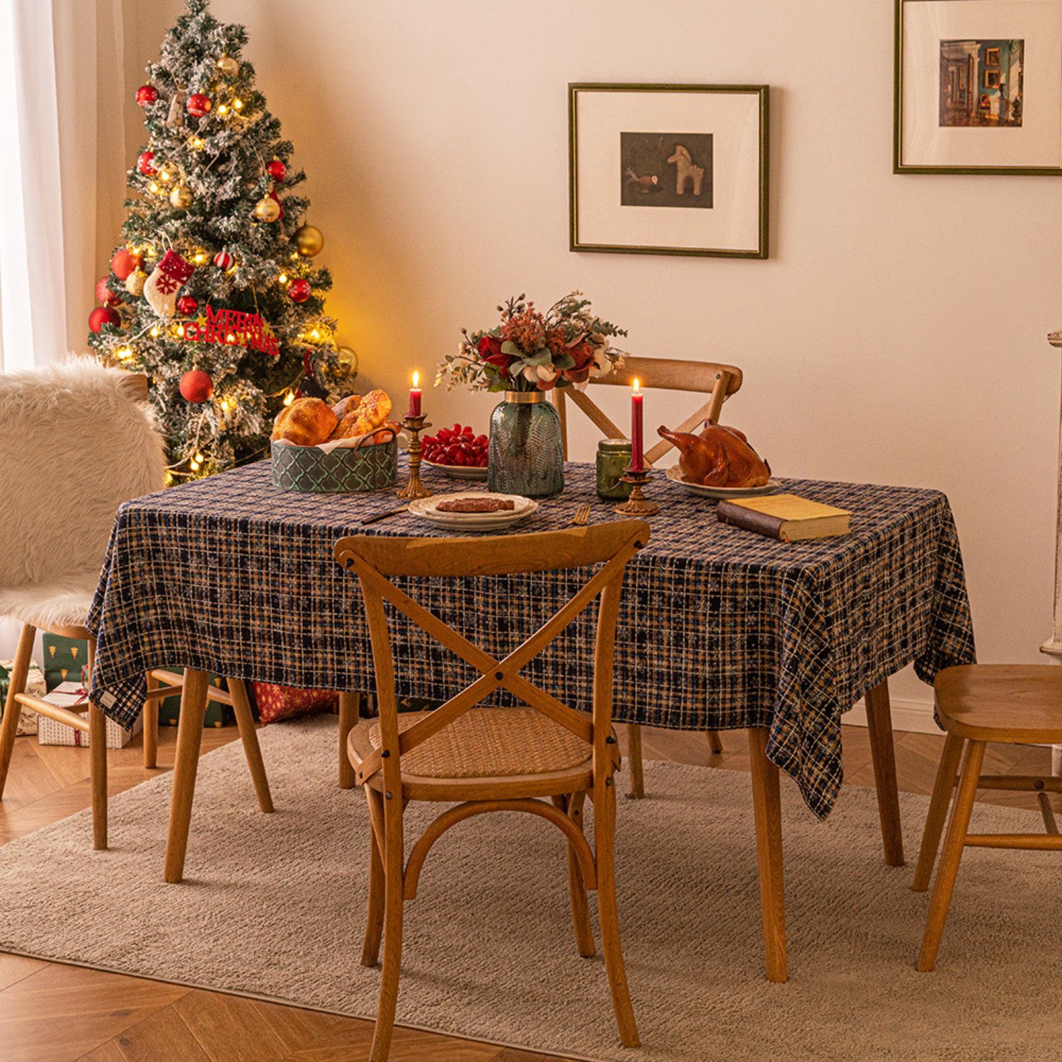 HOMEIDEAS Tischdecke, Tartan Schneeflocke Tischtuch, Weihnachten Blau