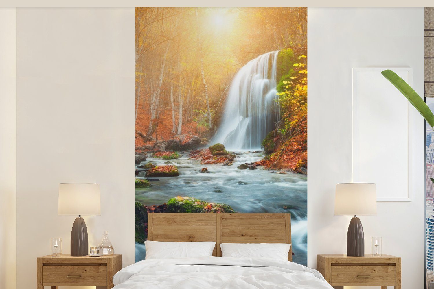 MuchoWow Fototapete Wasserfall - Sonne - Herbst, Matt, bedruckt, (2 St), Vliestapete für Wohnzimmer Schlafzimmer Küche, Fototapete | Fototapeten
