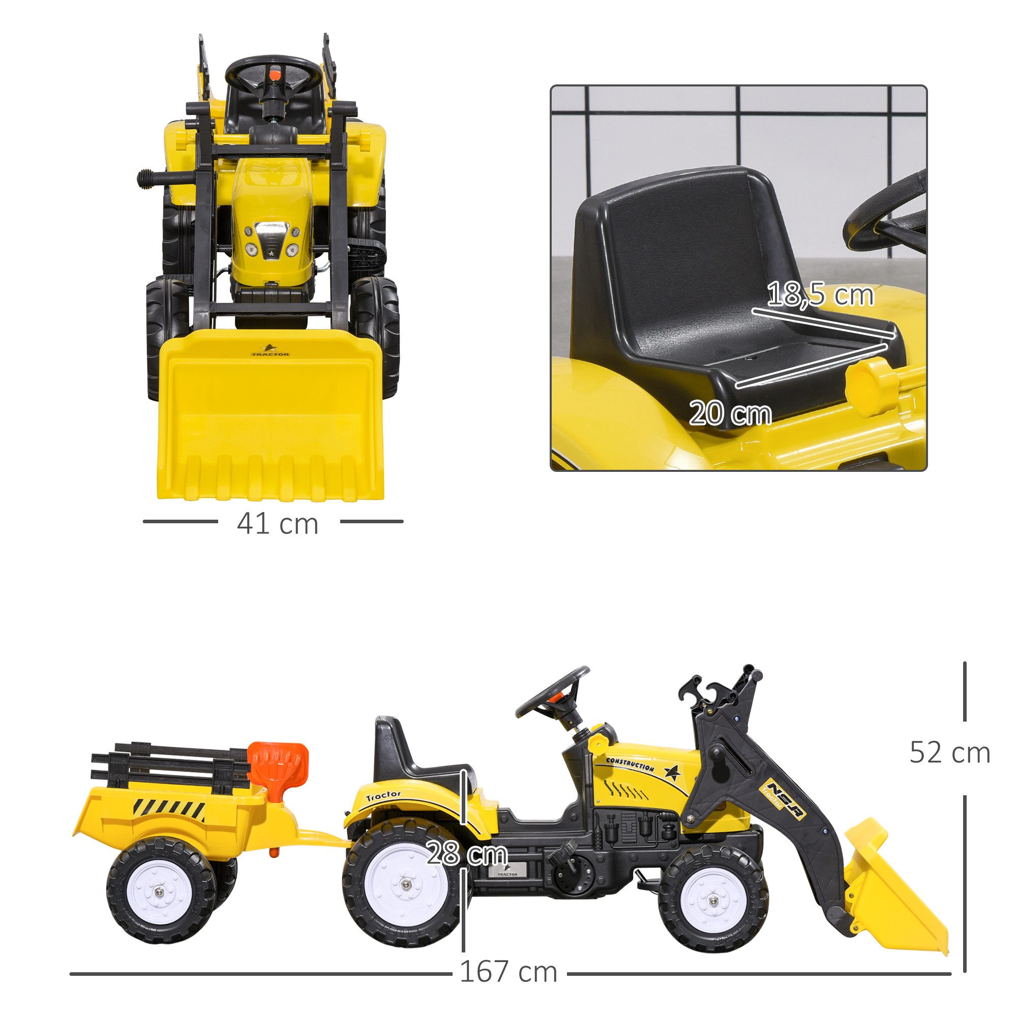 HOMCOM Trettraktor mit Anhänger, Tretfahrzeug mit Schaufel, Kinderfahrzeug Traktor, für ab 3 Jahren Kinder, Gelb