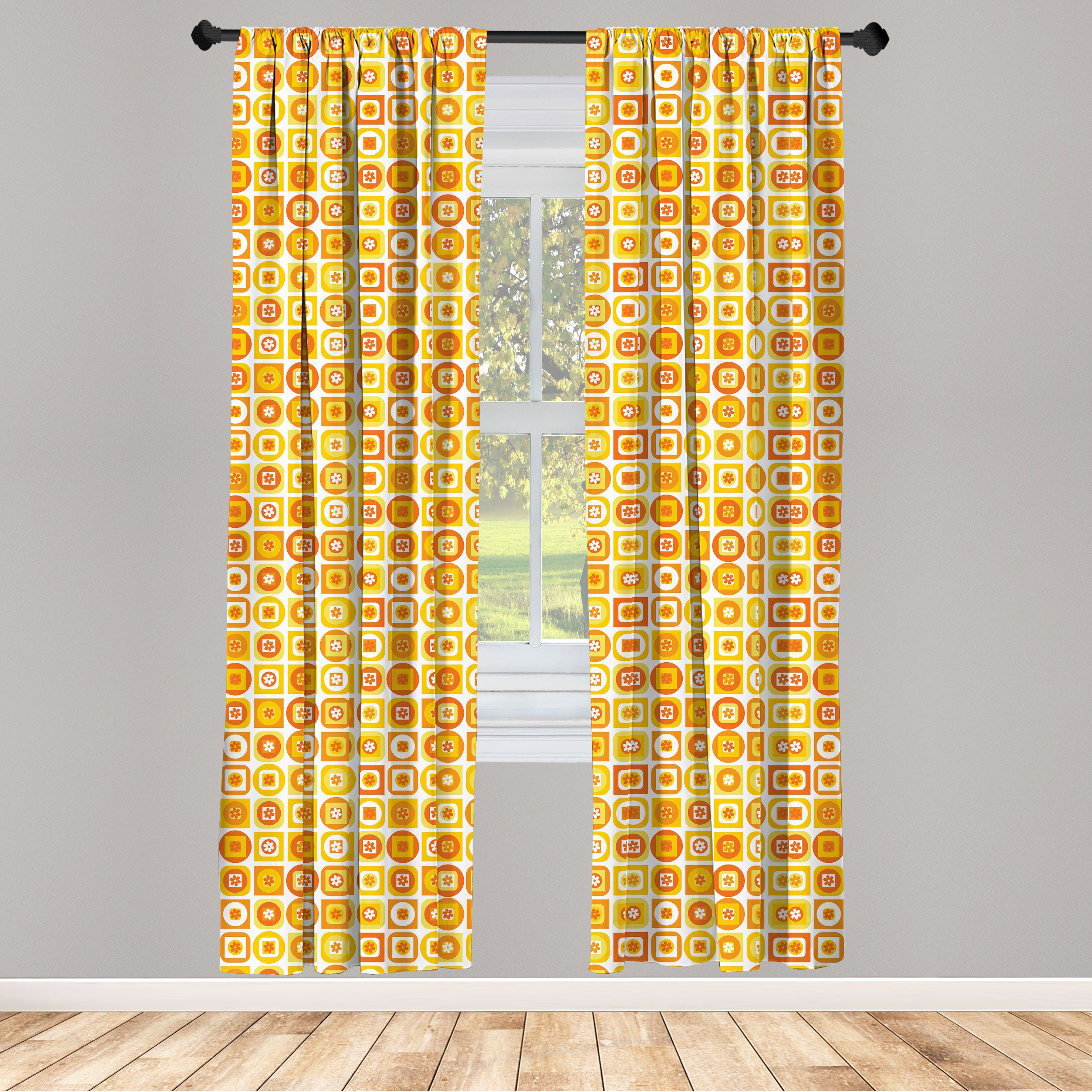 Gardine Vorhang für Wohnzimmer Schlafzimmer Dekor, Abakuhaus, Microfaser, Blumen Würfel Quadrate geometrische Kunst