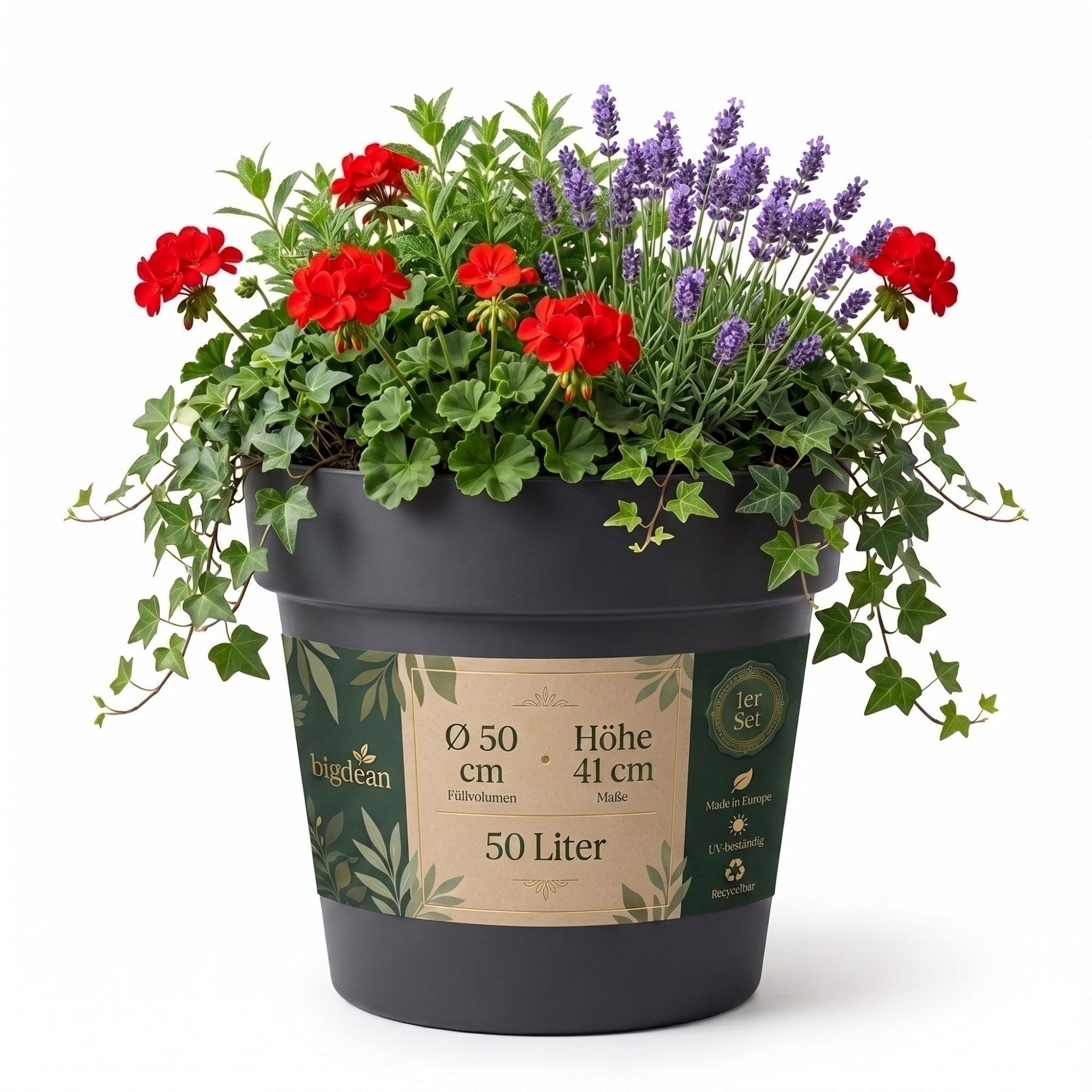 BigDean Blumentopf Pflanzkübel groß Anthrazit Classic mit integriertem Wasserspeicher (1 St), Wetterfester Kunststoff, Integrierter Zwischenboden